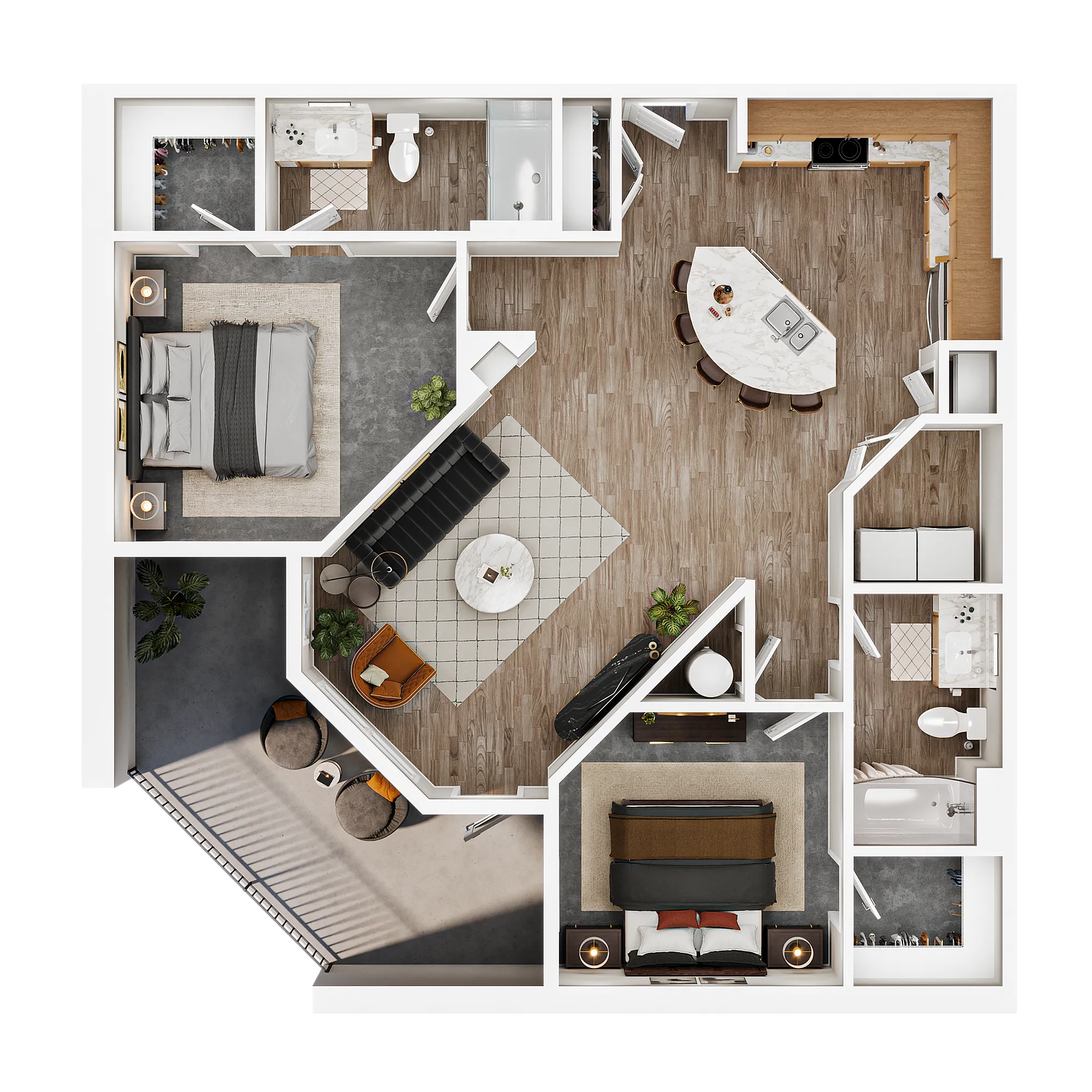 Contemporary 3D floor plan showcasing 2 bedrooms, a modern open-concept living space, and a sleek kitchen with an island.