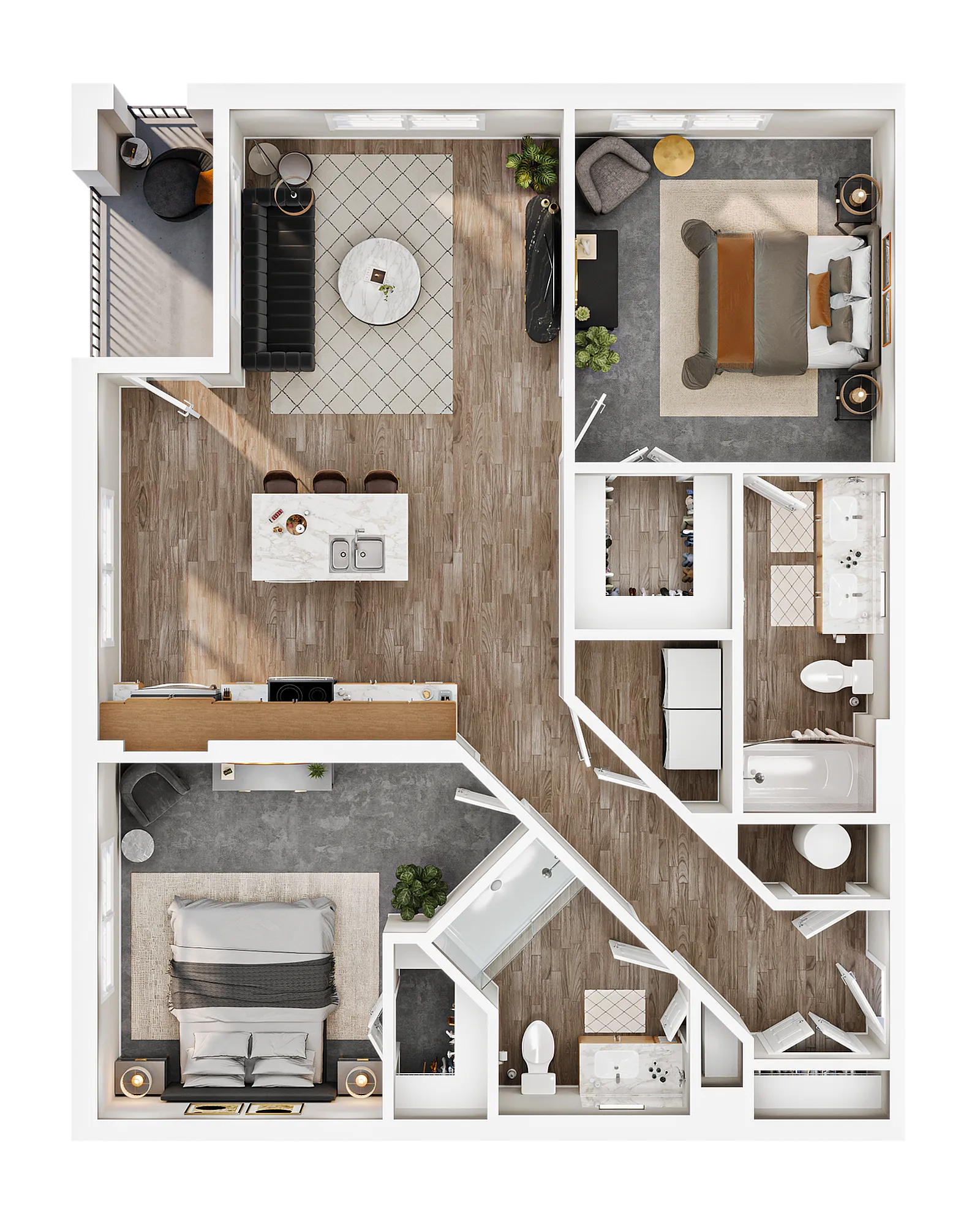 Modern 3D floor plan featuring 2 bedrooms, a cozy living room, sleek kitchen, and 2 elegant bathrooms with included balcony.