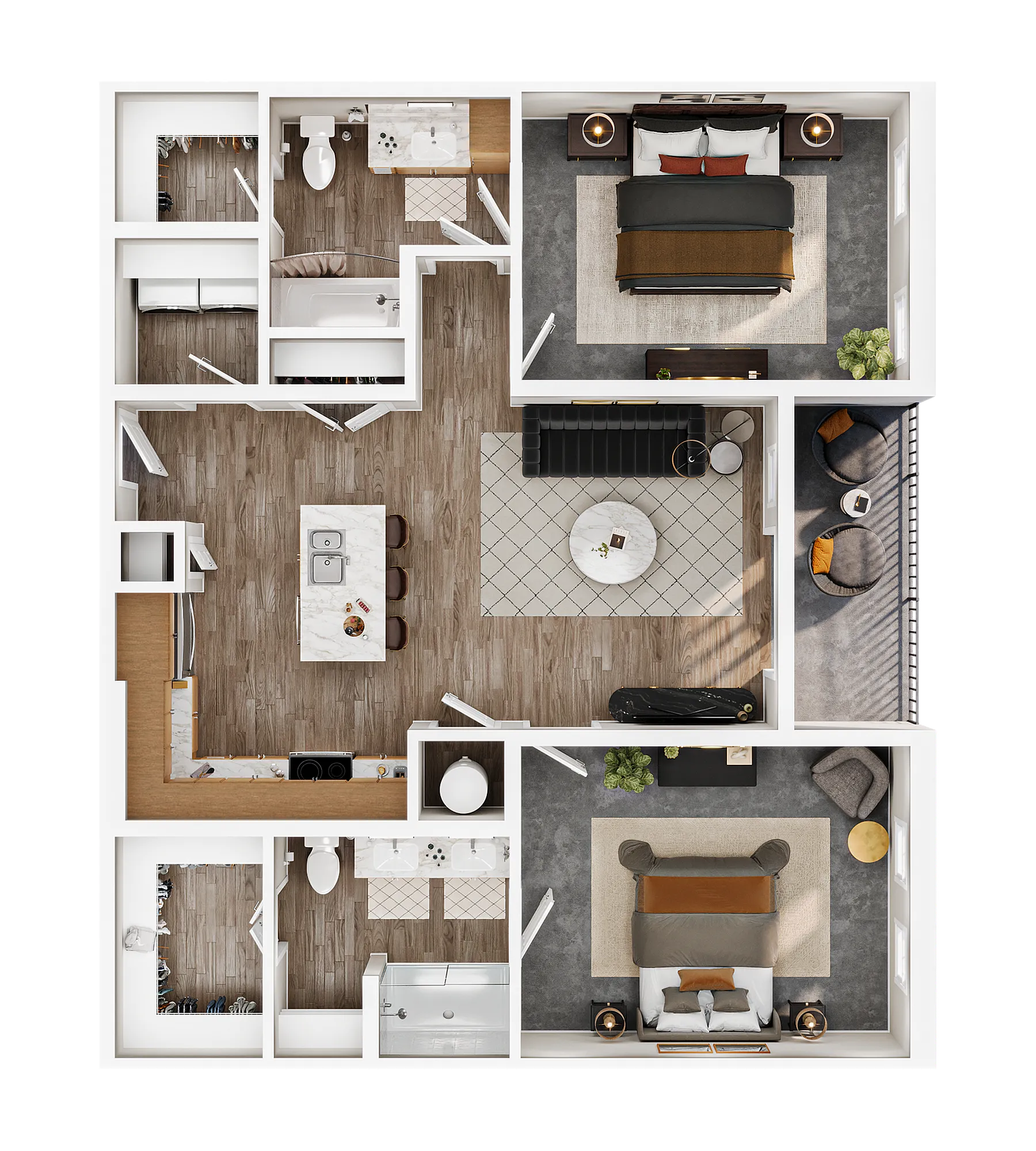 Modern 3D floor plan showcasing two spacious bedrooms, sleek kitchen with island, cozy living area, and private balcony.