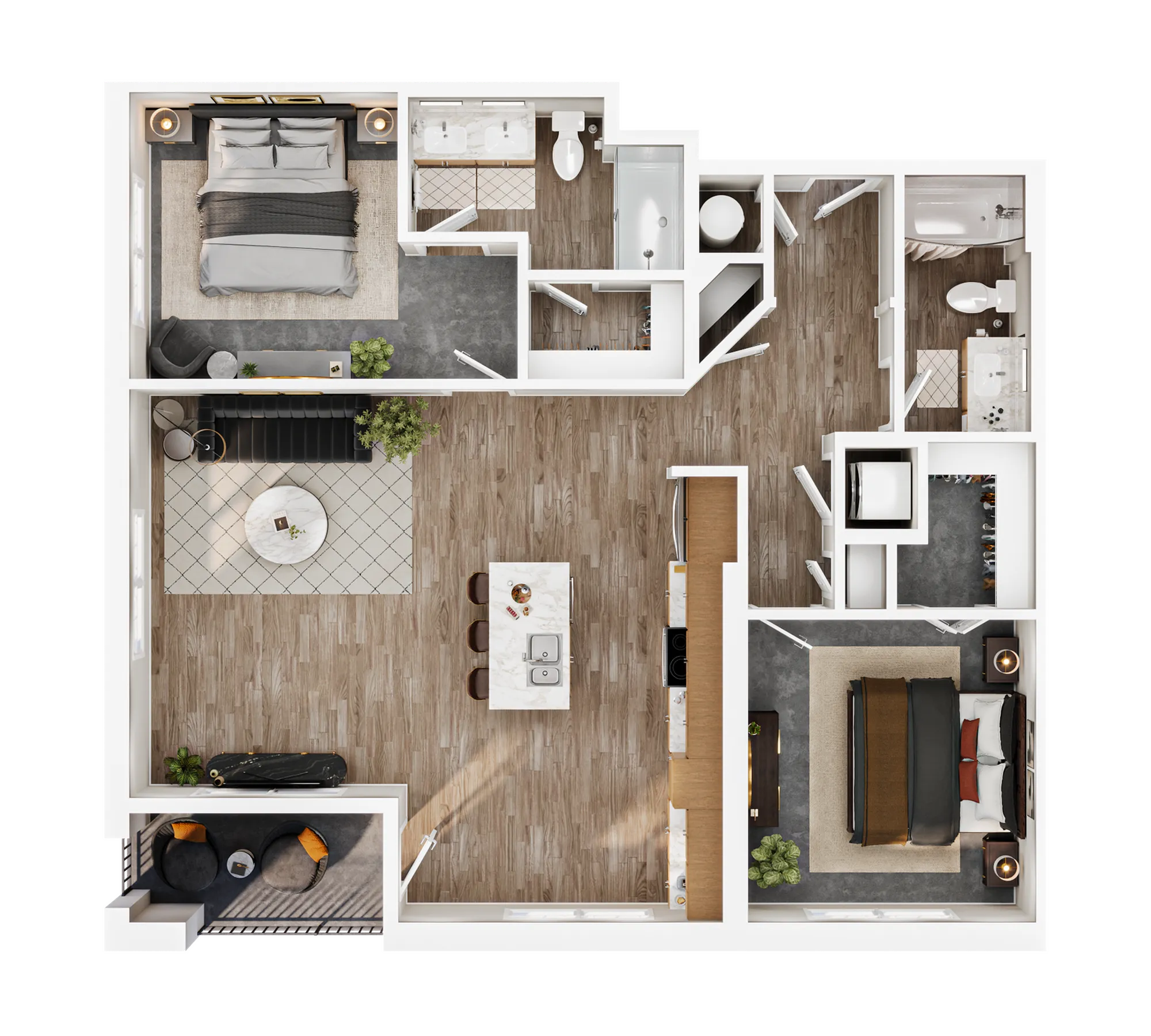 Elegant floor plan showcasing two spacious bedrooms, a modern open-concept living and dining area, stylish kitchen with island seating, two bathrooms, and a cozy balcony for relaxation.