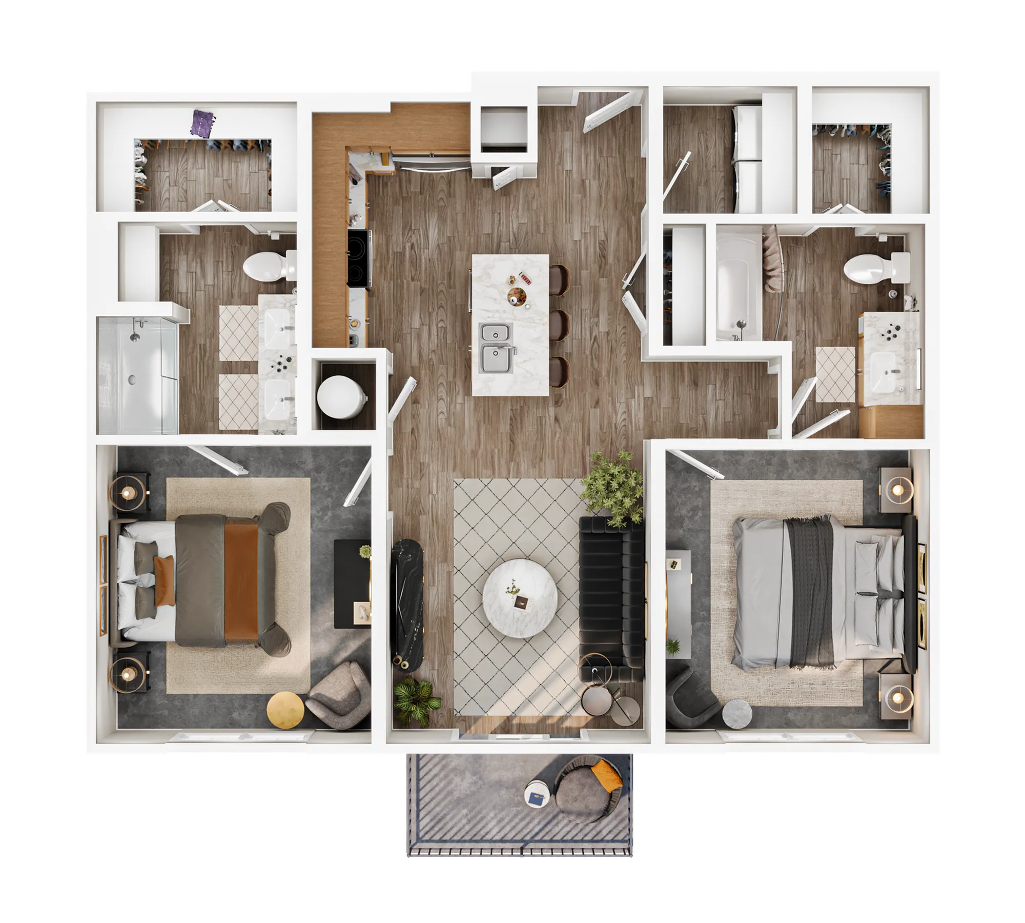 Modern 3D floor plan featuring 2 elegant bedrooms, an open-concept kitchen with an island, cozy living area, and stylish bathrooms, ideal for contemporary living.