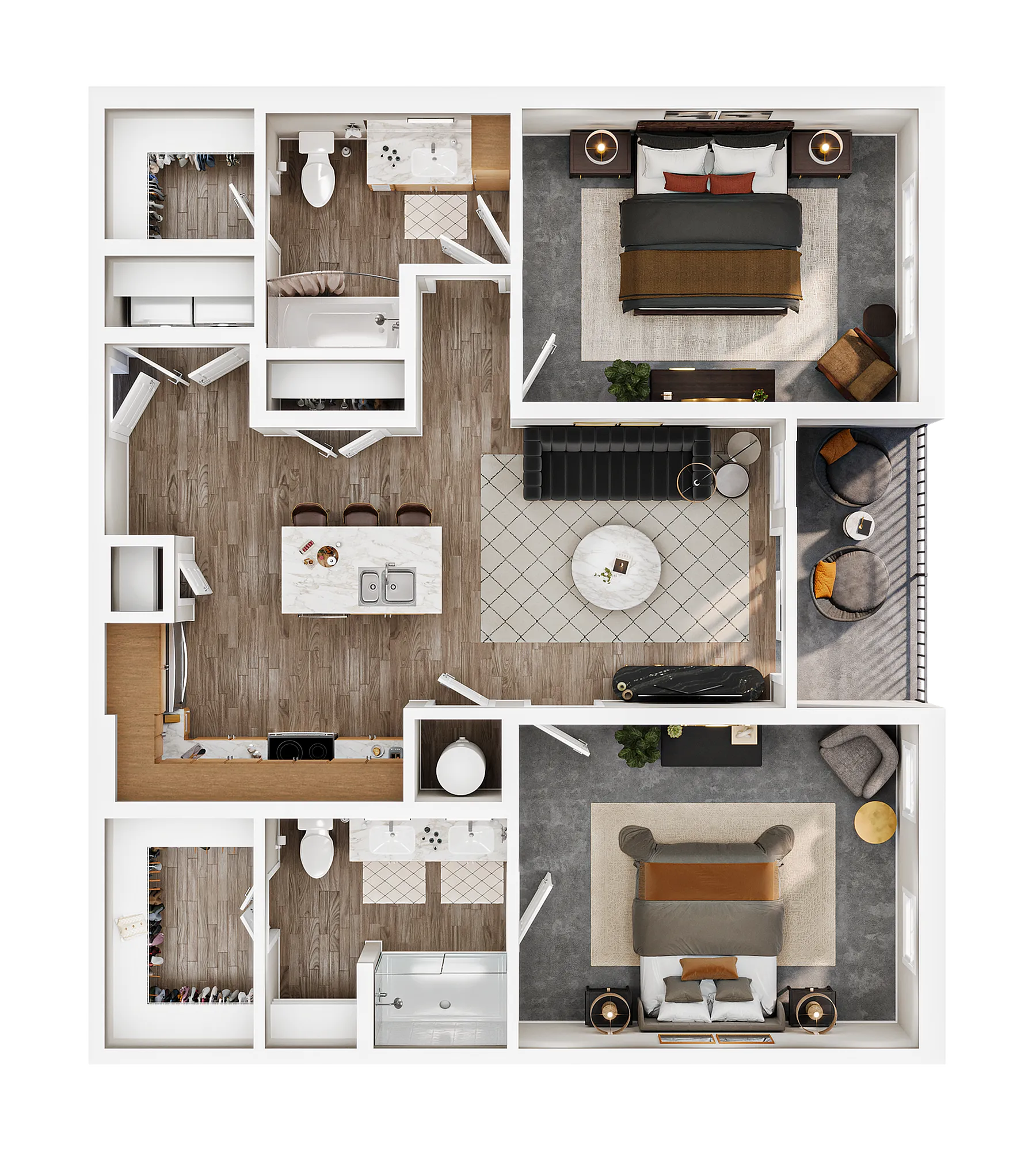 Modern 3D floor plan featuring 2 bedrooms, a contemporary open kitchen, and a chic living area with stylish accents.