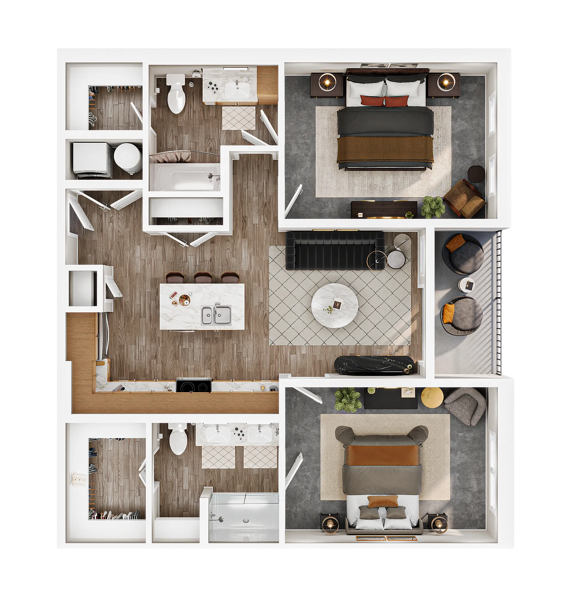 Modern apartment floor plan showcasing 2 bedrooms, stylish open-concept living area, and elegant kitchen.