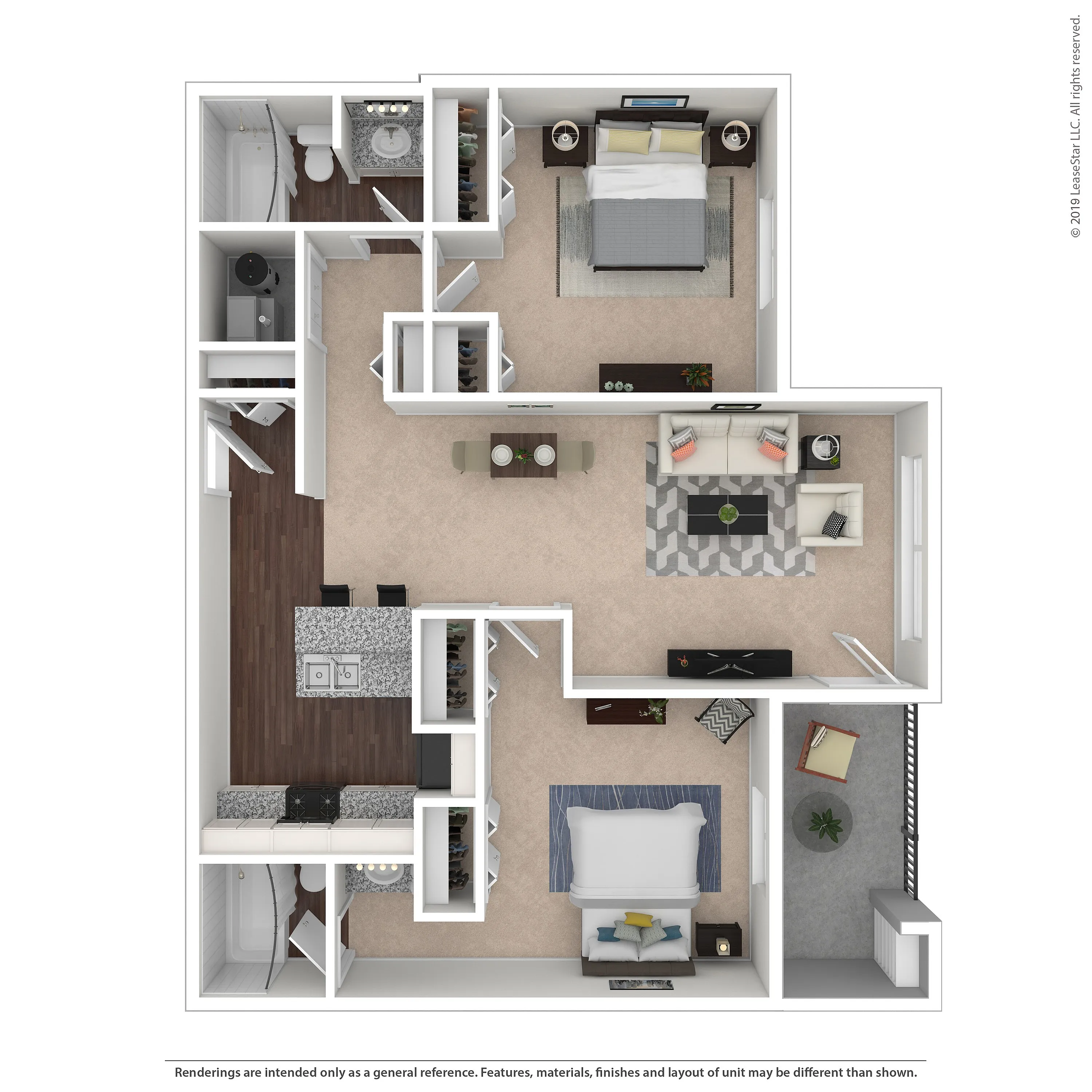 Contemporary 3D floor plan showcasing a spacious 2-bedroom apartment with an open living and dining area, modern kitchen, and private balcony.