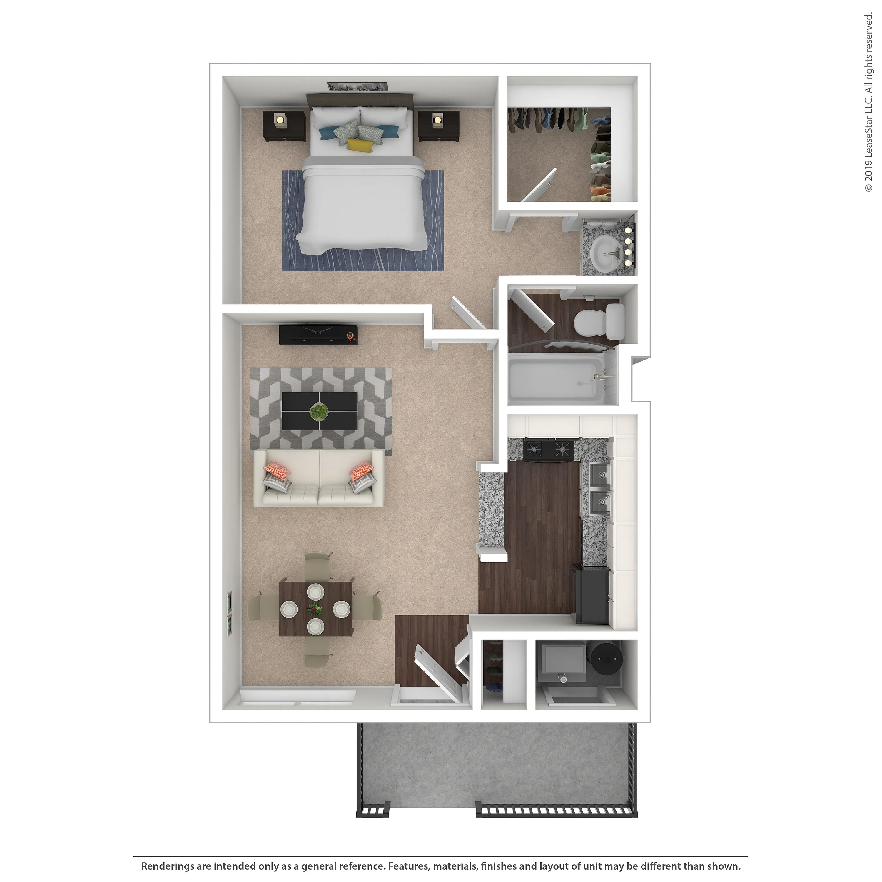 Contemporary 1-bedroom apartment floor plan featuring an open-concept living area, modern kitchen, and private balcony.