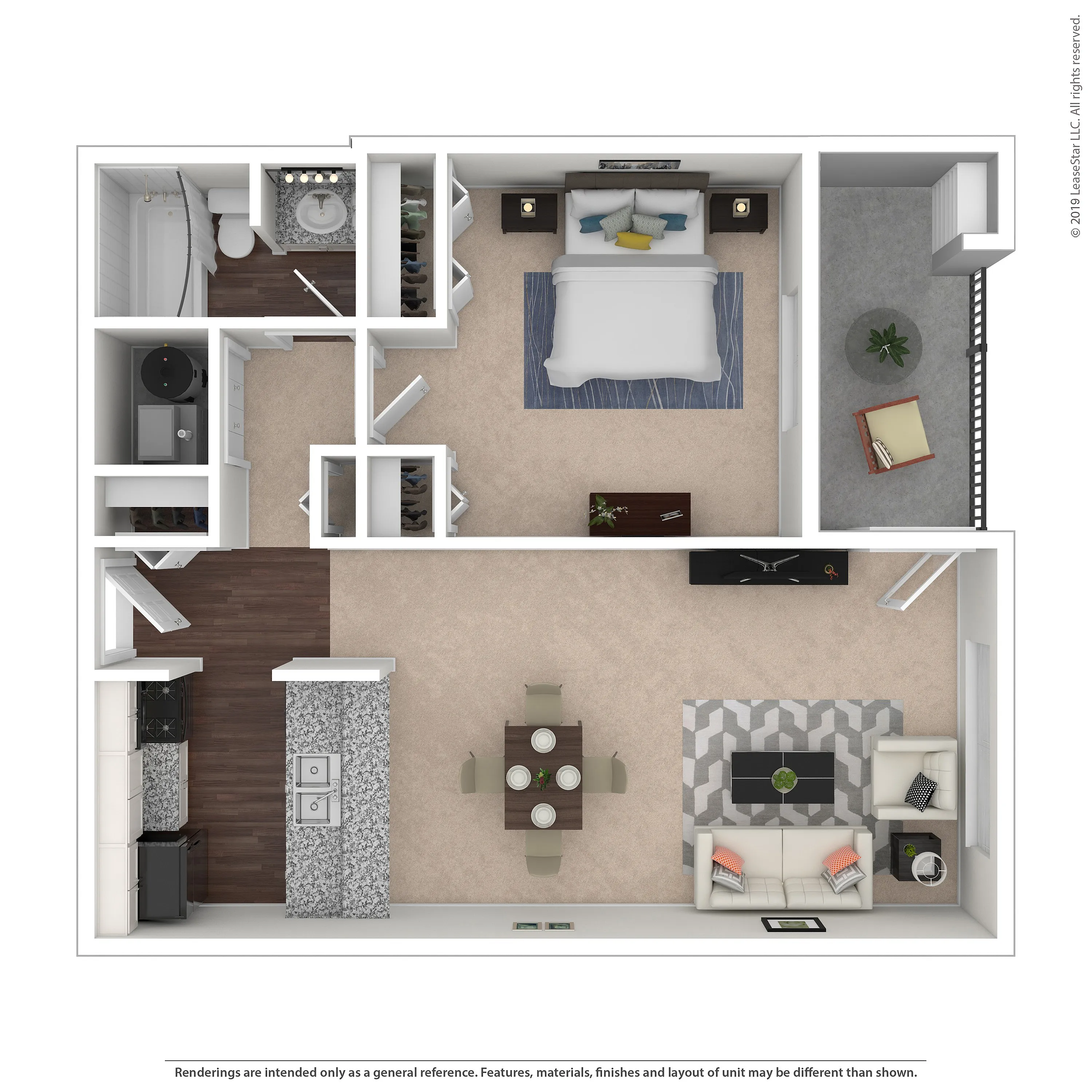 Contemporary apartment floor plan with one bedroom, spacious open-concept living and dining areas, and a cozy balcony.
