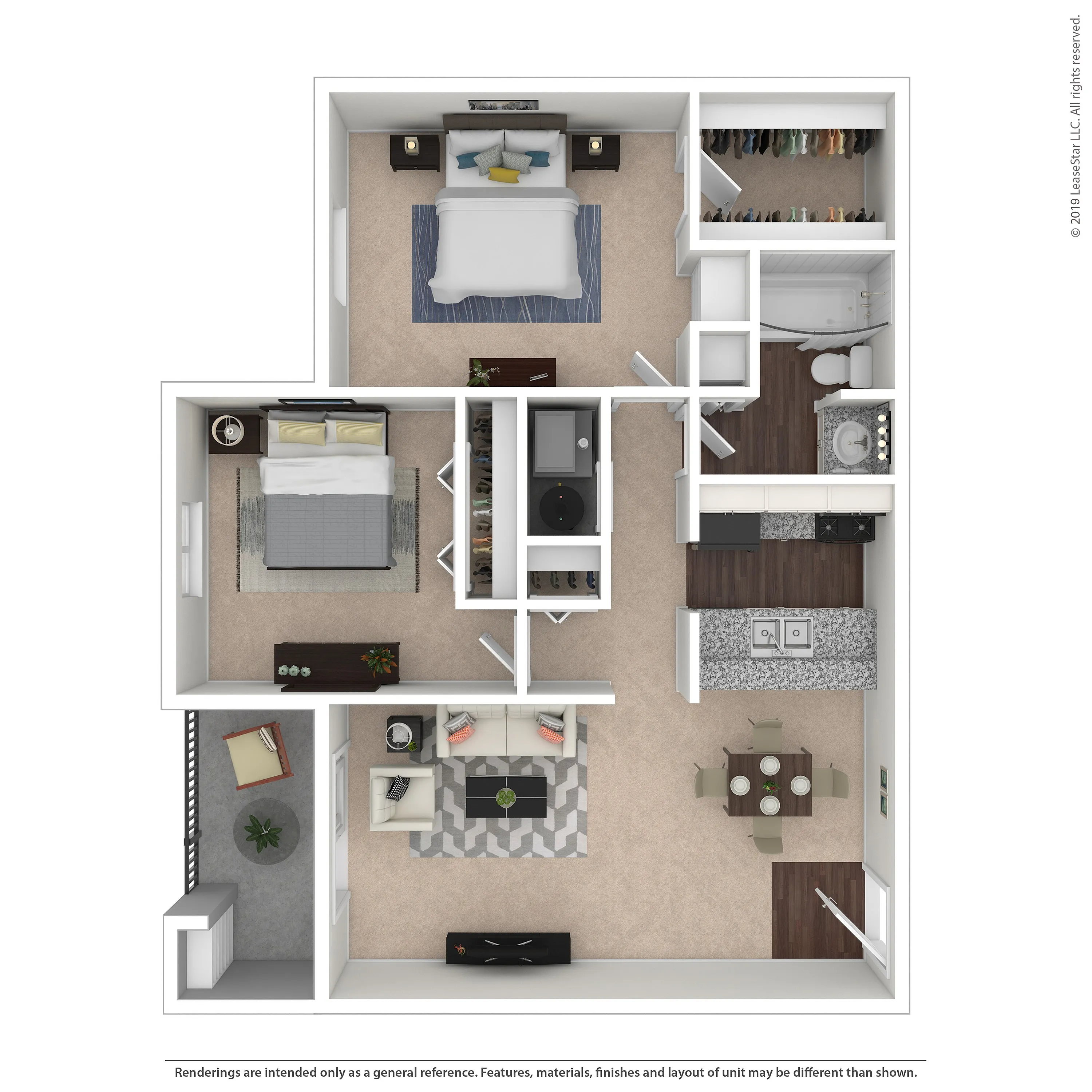 Modern floor plan featuring 2 spacious bedrooms, elegant open-concept living and dining area, balcony access, and a well-appointed kitchen for contemporary living.