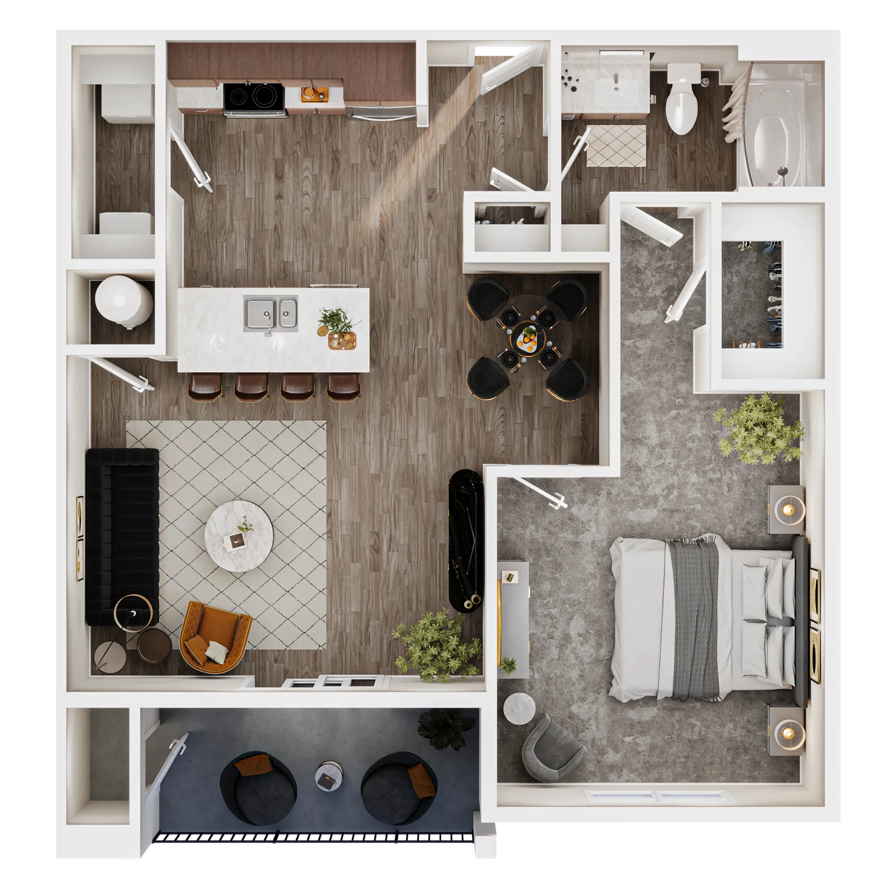 Chic floor plan showcasing an open-concept kitchen and dining area, spacious living room, elegant bedroom, and modern bathroom with luxurious fixtures.
