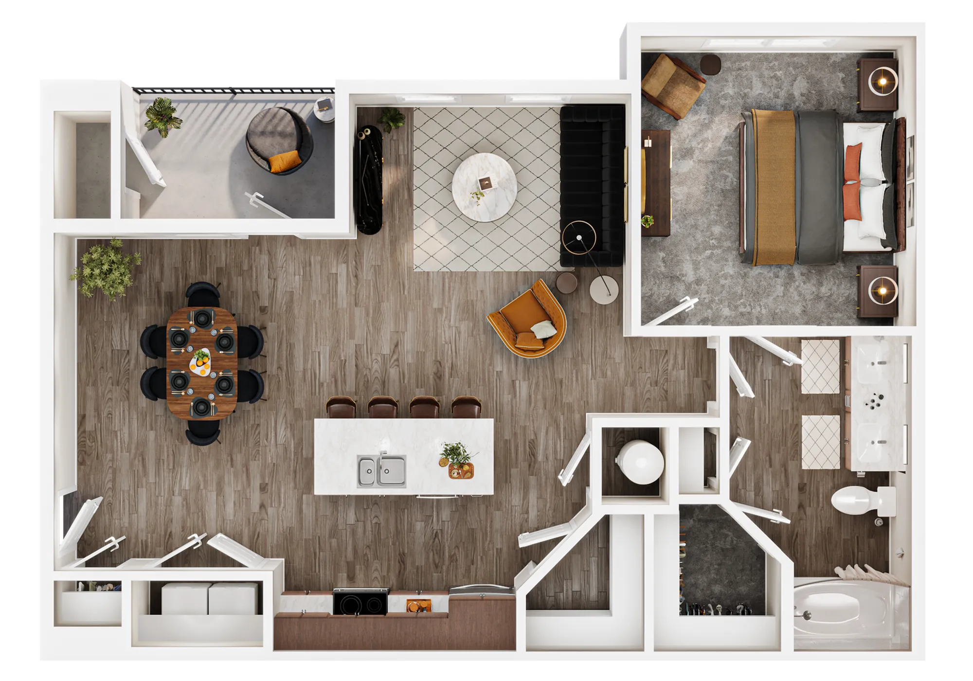 Modern floor plan showcasing a spacious 1-bedroom apartment with open-concept living, sleek kitchen island, elegant dining area, cozy living room, and stylish balcony.