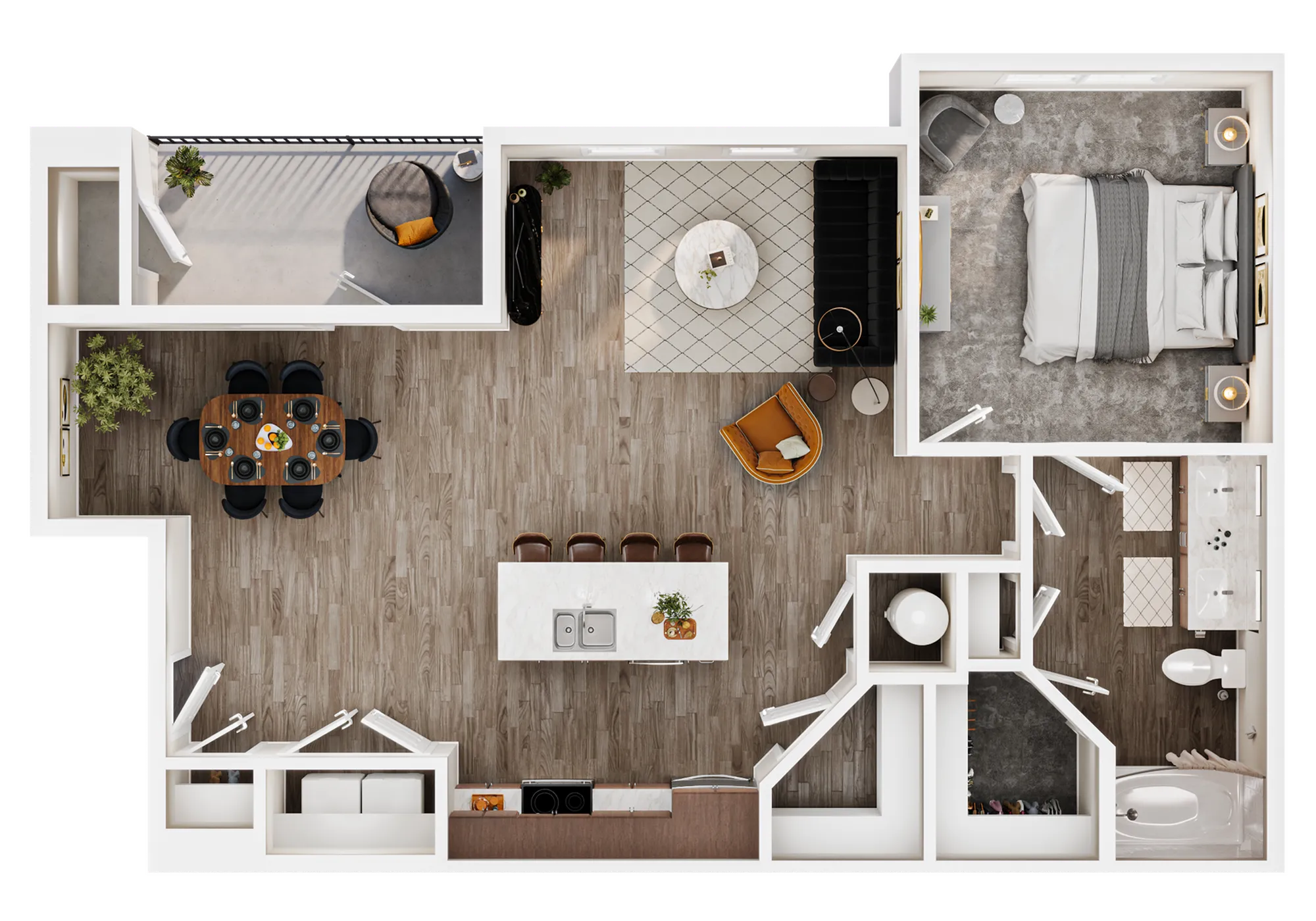 Modern 3D floor plan showcasing a spacious one-bedroom apartment with an open-concept living and dining area, stylish kitchen island, cozy balcony space, and luxurious bathroom amenities.