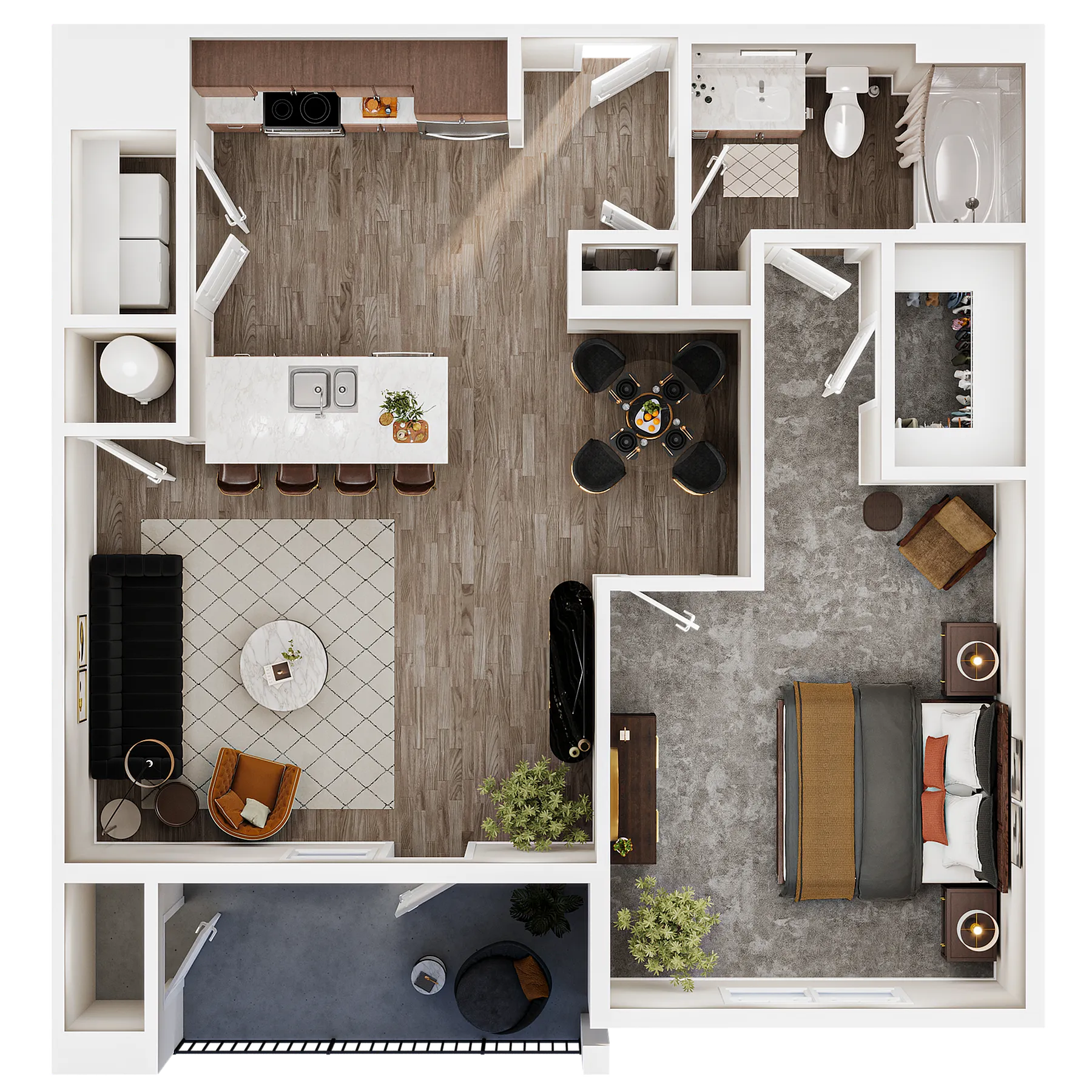 Modern open-concept floor plan featuring a spacious kitchen island, cozy living area, elegant dining space, stylish bedroom, and contemporary bathroom.