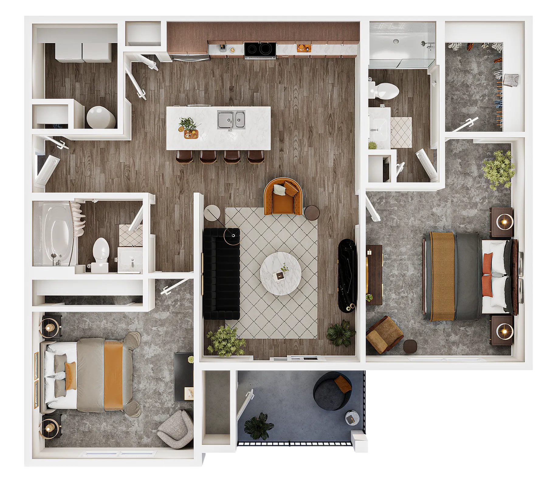 Modern floor plan showcasing two cozy bedrooms, a spacious open-concept kitchen with an island, elegant dining area, and a stylish living room layout.