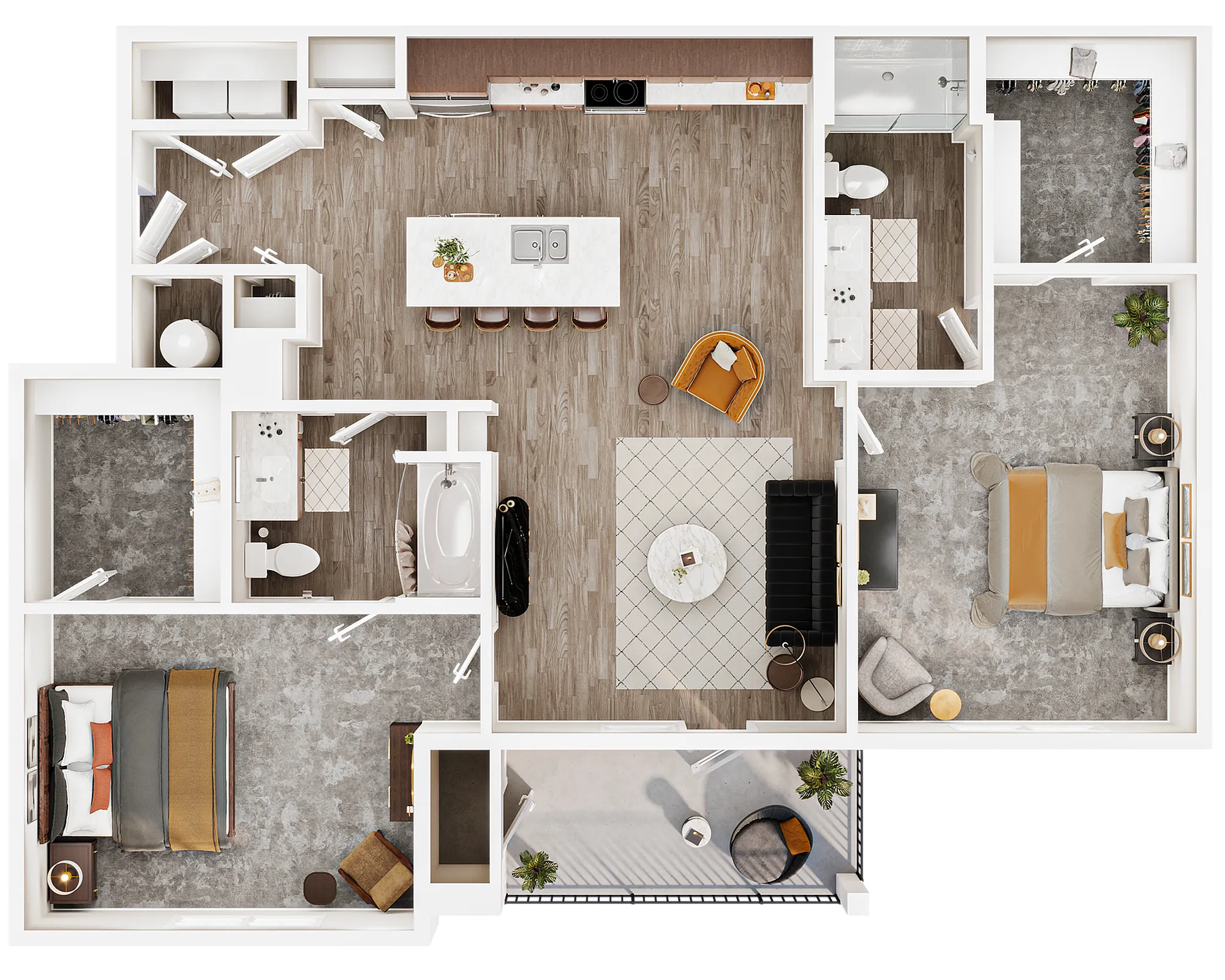 Contemporary floor plan showcasing 2 spacious bedrooms, an elegant open kitchen with island seating, and a cozy living area leading to a private balcony.