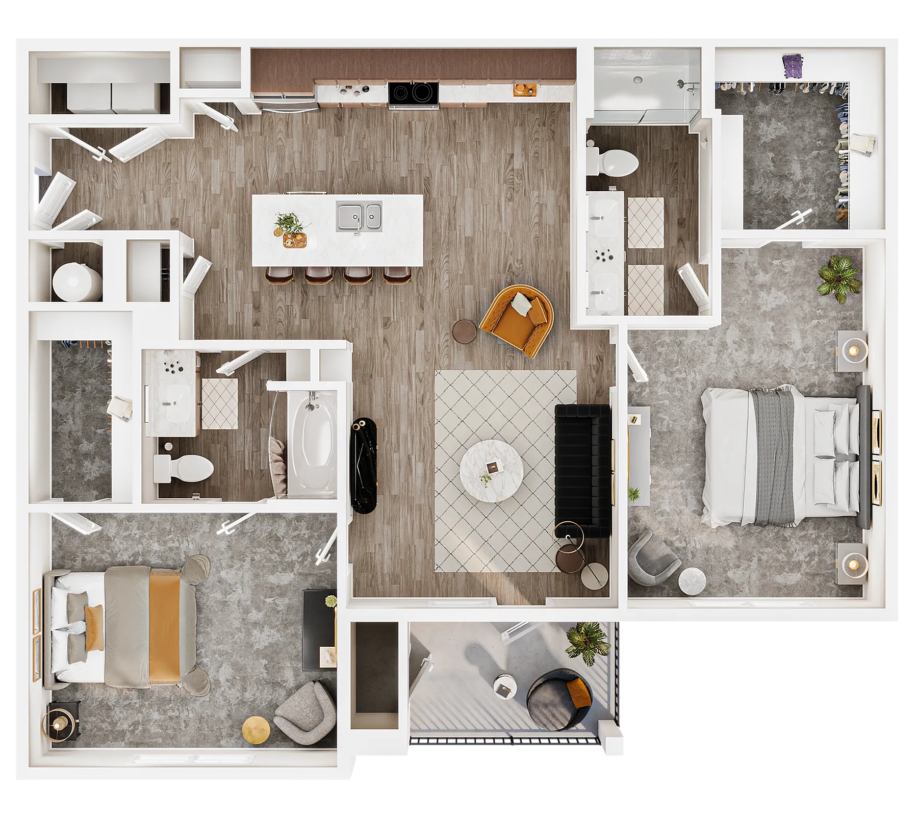 Elegant floor plan showcasing a spacious two-bedroom apartment with a modern open kitchen, cozy living area, and two luxurious bathrooms.