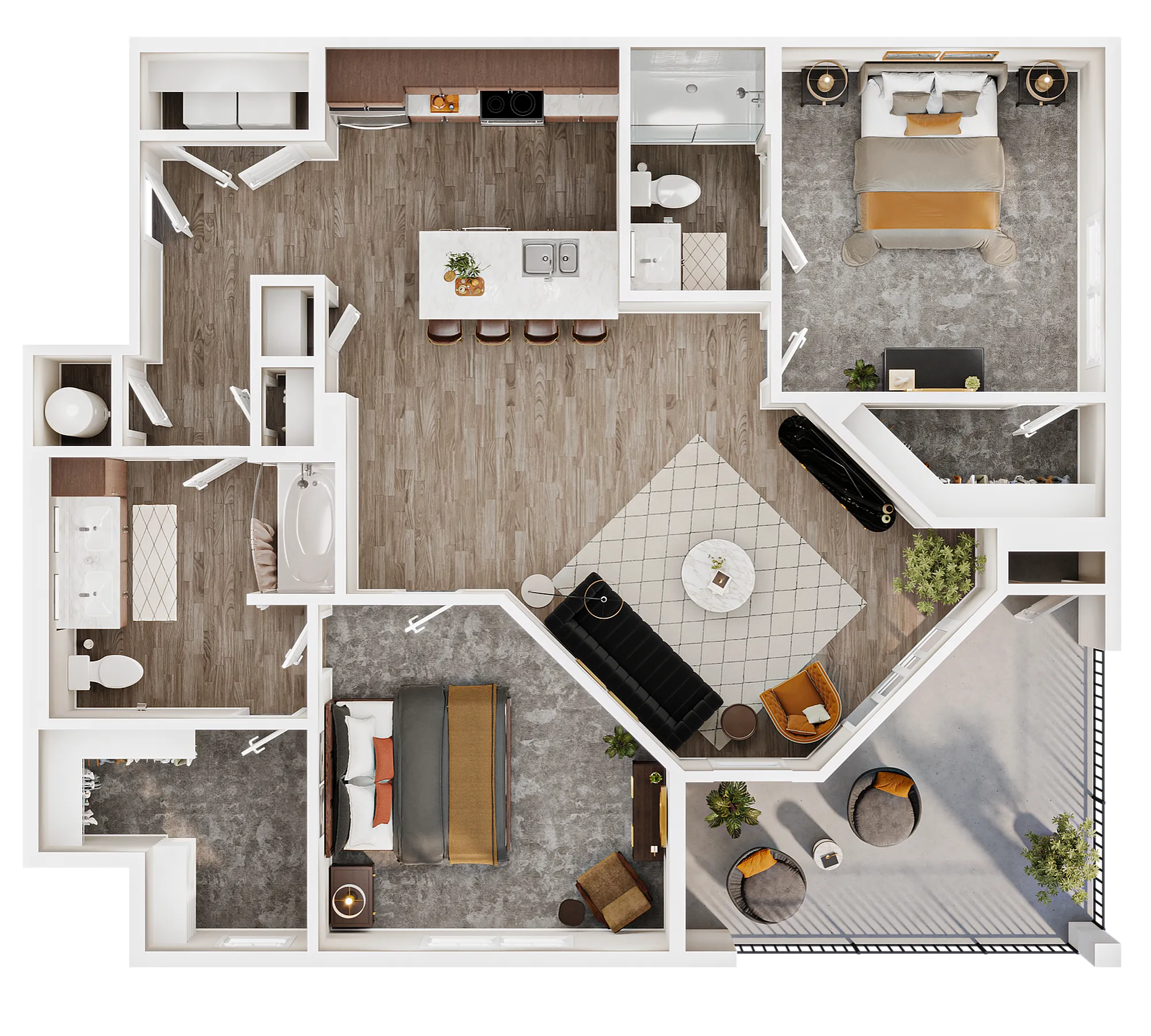 Elegant floor plan showcasing spacious 2-bedroom apartment with open-concept living area, modern kitchen, and stylish balcony.