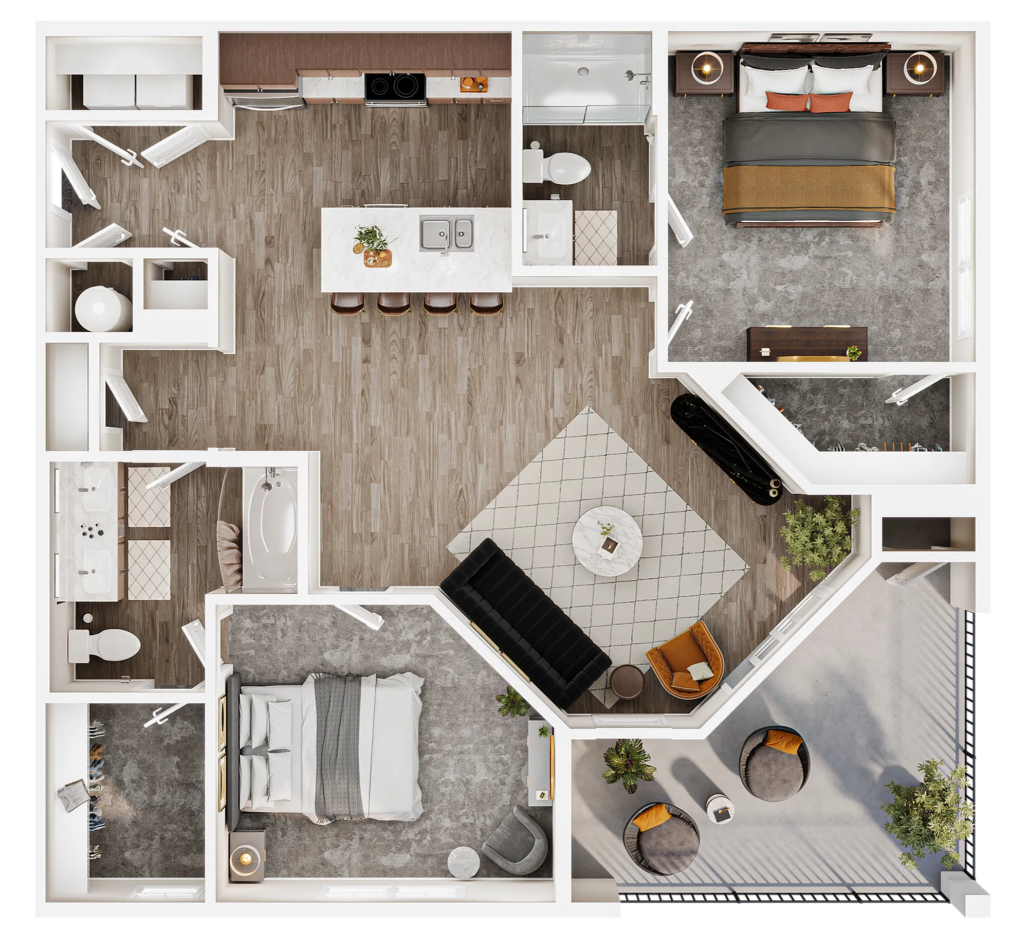 Elegant 3D floor plan showcasing a sophisticated apartment with 2 bedrooms, open-concept kitchen, stylish living room, and a private balcony.