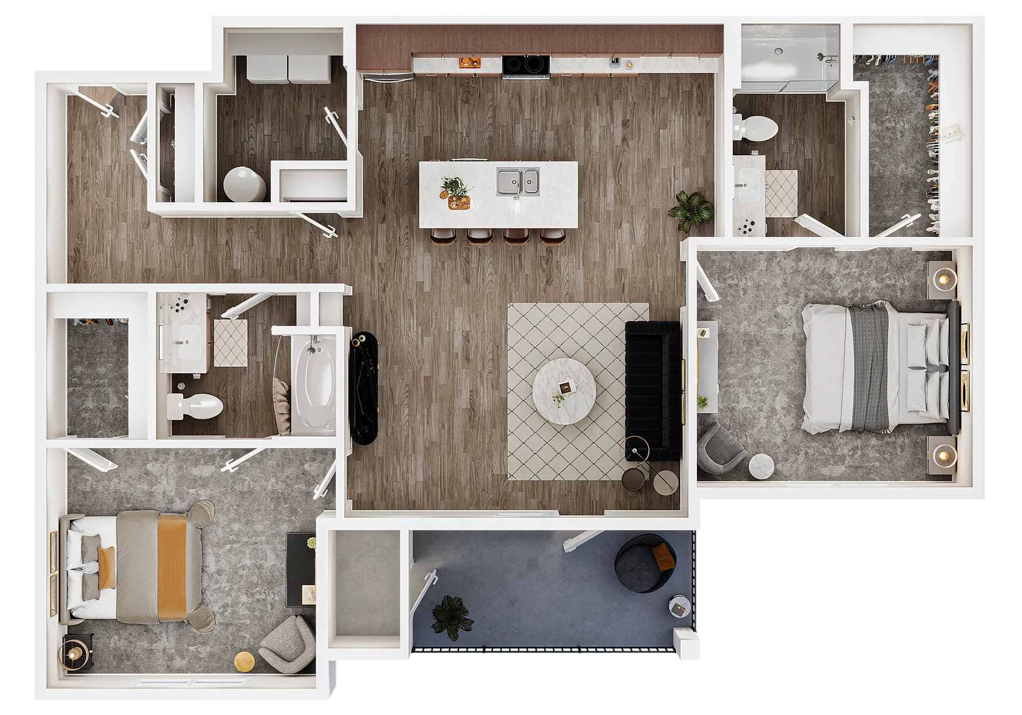Modern 3D floor plan featuring 2 bedrooms, spacious open-concept kitchen, inviting living area, and two stylish bathrooms.