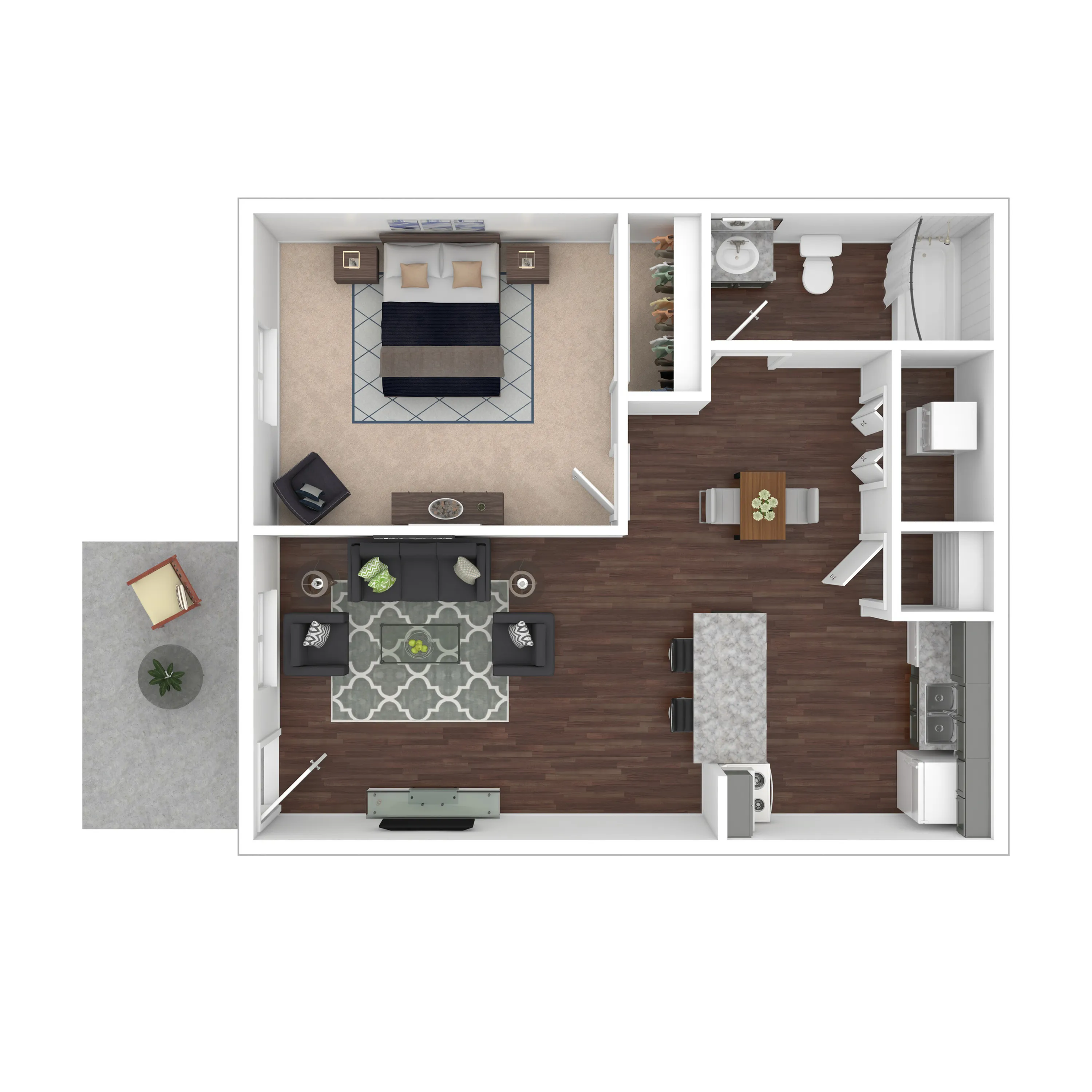 Muirwood Village Apartments - Elegant 1-bedroom floor plan with open living area, modern kitchen, and stylish patio space.