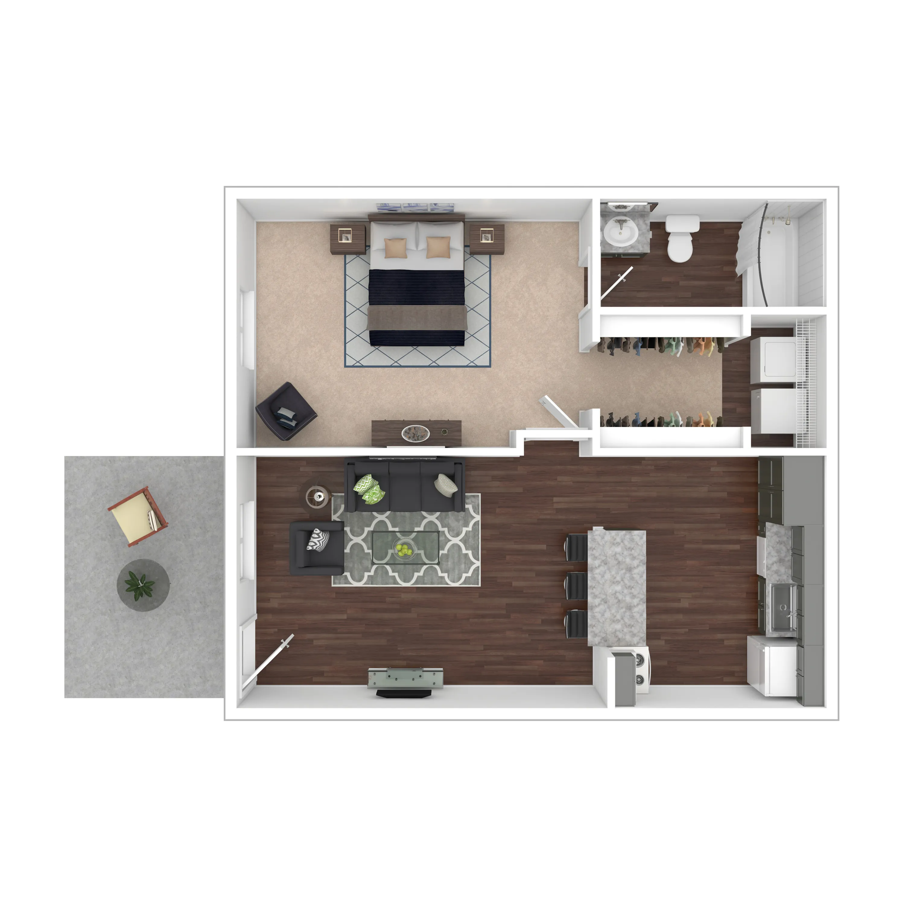 Muirwood Village Apartments - Chic open-concept floor plan with spacious bedroom, modern kitchen, and cozy living area featuring elegant hardwood floors.