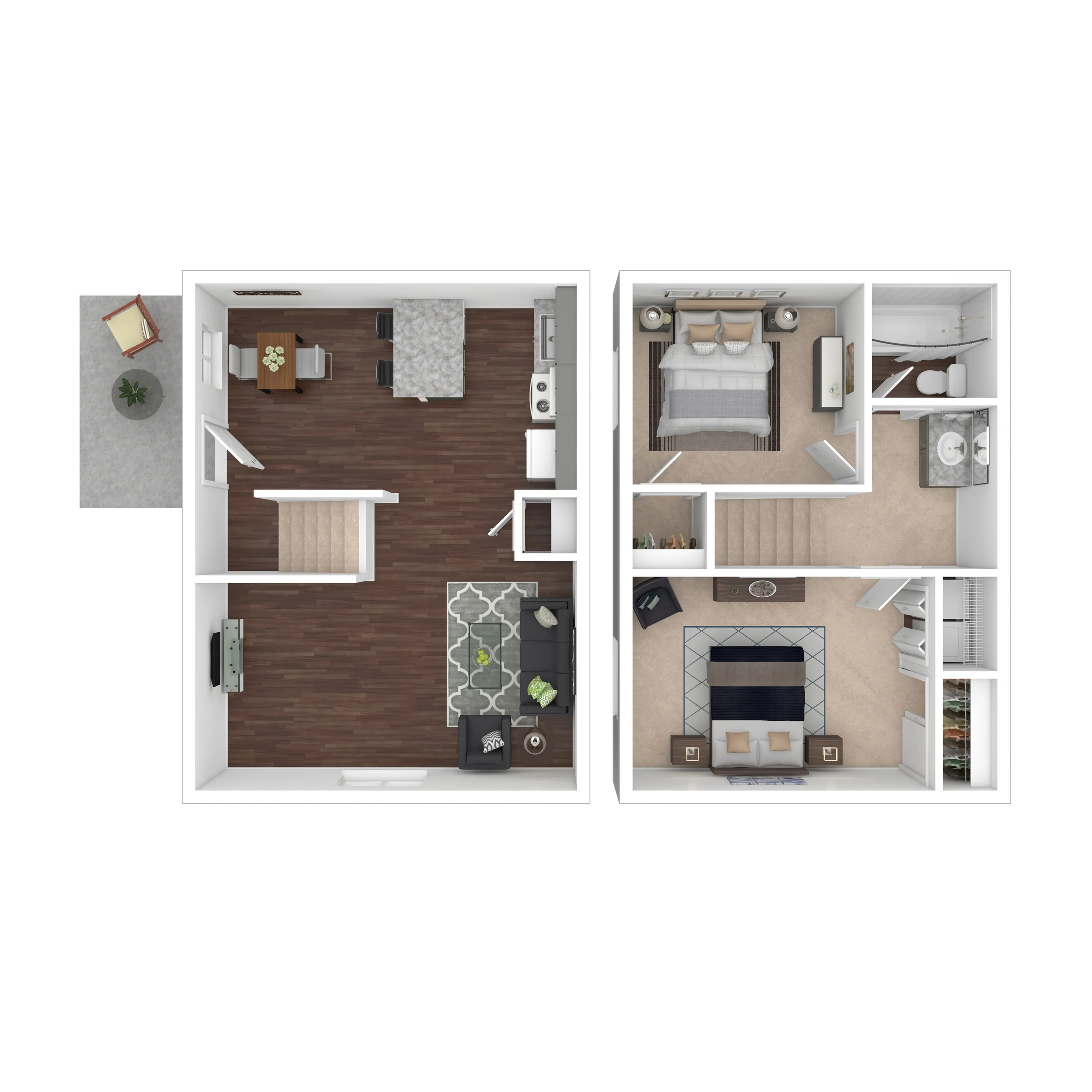 Muirwood Village Apartments - Modern 2-story floor plan showcasing a cozy living area, kitchen, and dining space downstairs, with two elegant bedrooms and a bathroom upstairs. Includes a charming outdoor patio.