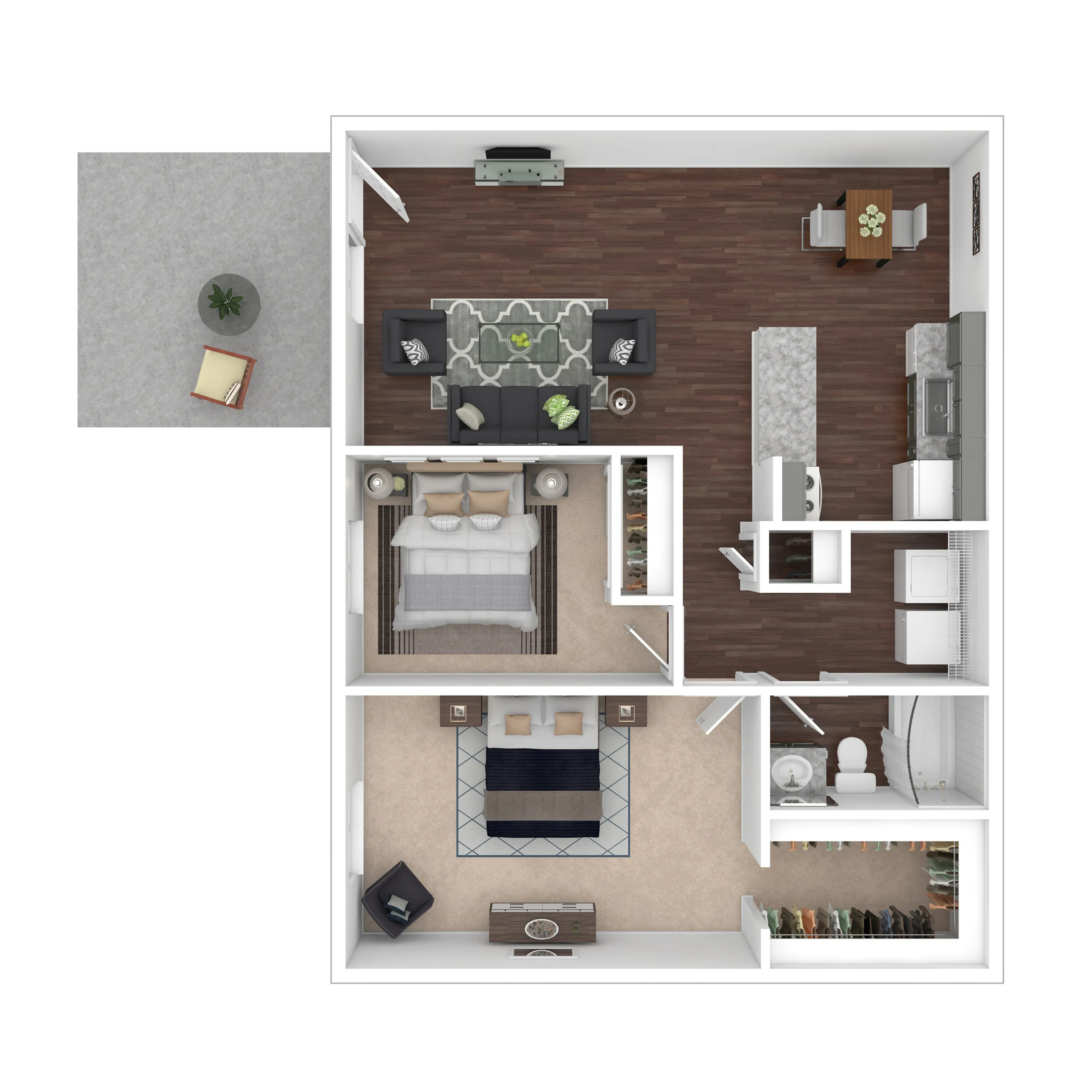 Muirwood Village Apartments - Modern apartment floor plan showcasing 2 bedrooms, open-concept living and dining area, and sleek kitchen with contemporary design.