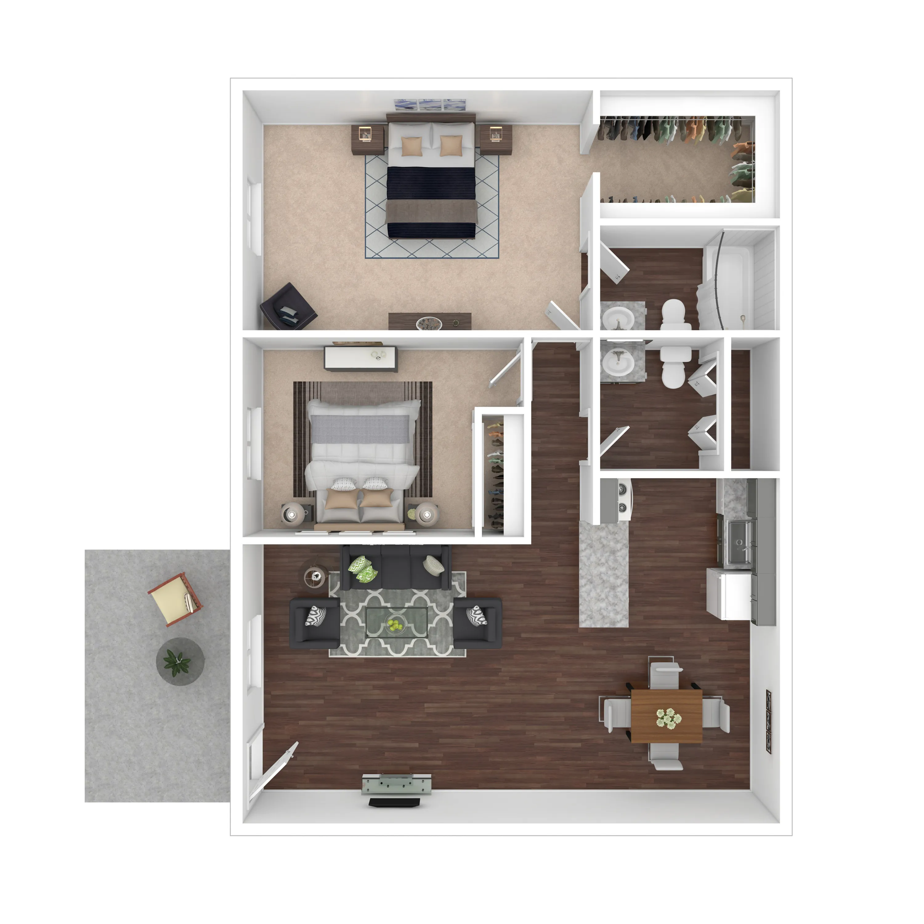 Muirwood Village Apartments - Contemporary floor plan showcasing 2 bedrooms, a cozy living room, sleek kitchen, and elegant dining area with a private patio.