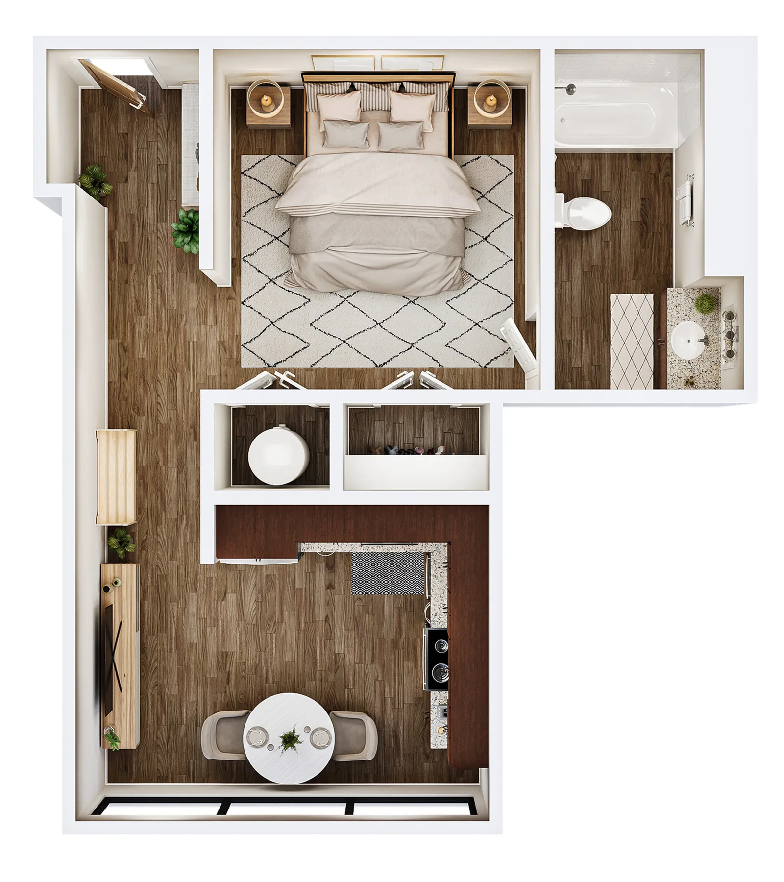Modern studio apartment floor plan featuring an open-concept living space, compact kitchen, and elegant bathroom.