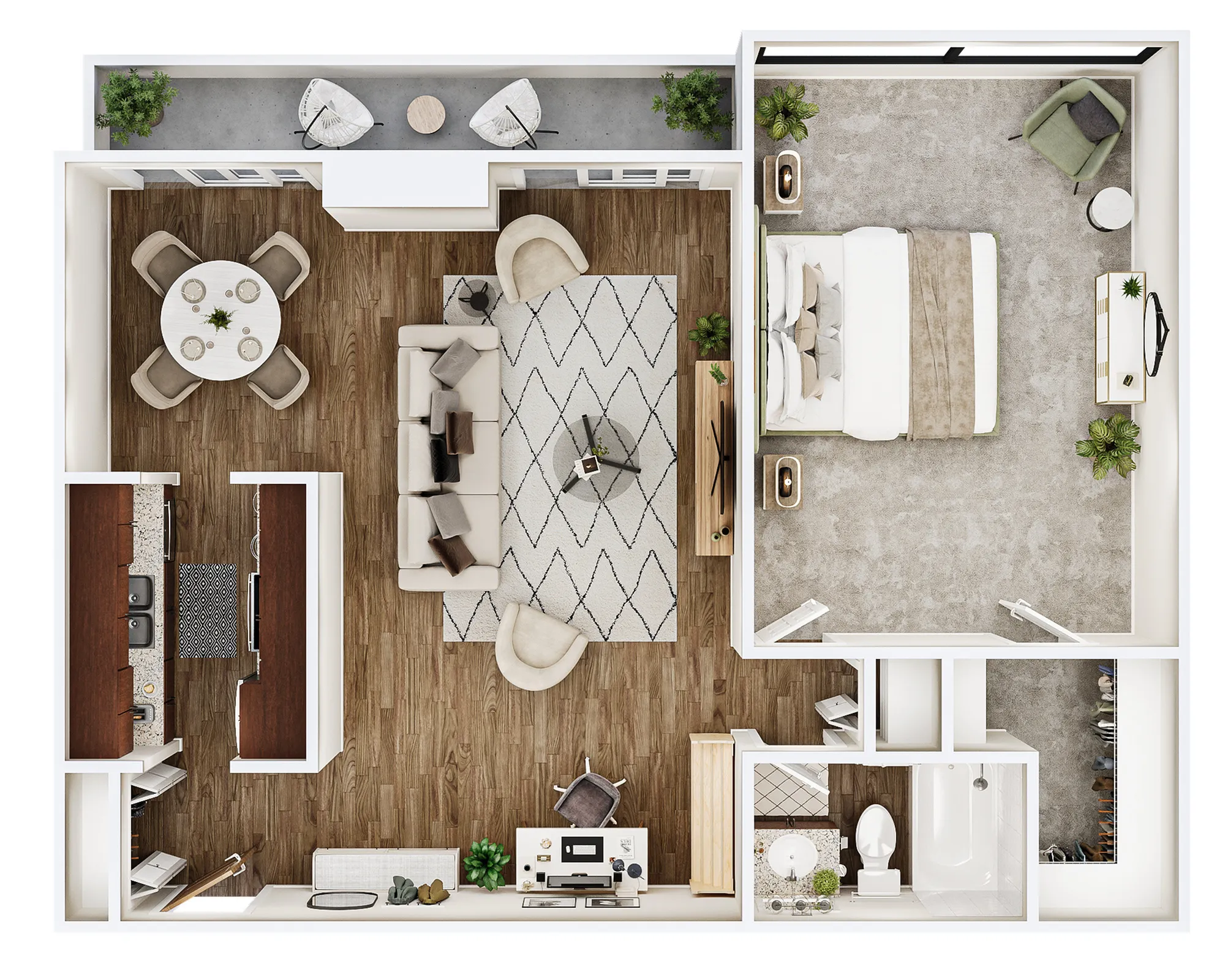 Modern 1-bedroom floor plan showcasing an open living area, elegant kitchen, cozy balcony, and stylish bathroom.