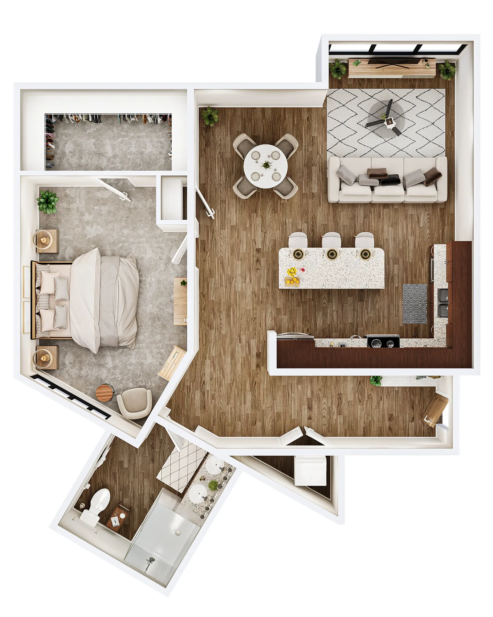 Contemporary 1-bedroom floor plan with open-concept living space, a sleek kitchen island, and inviting living room area.