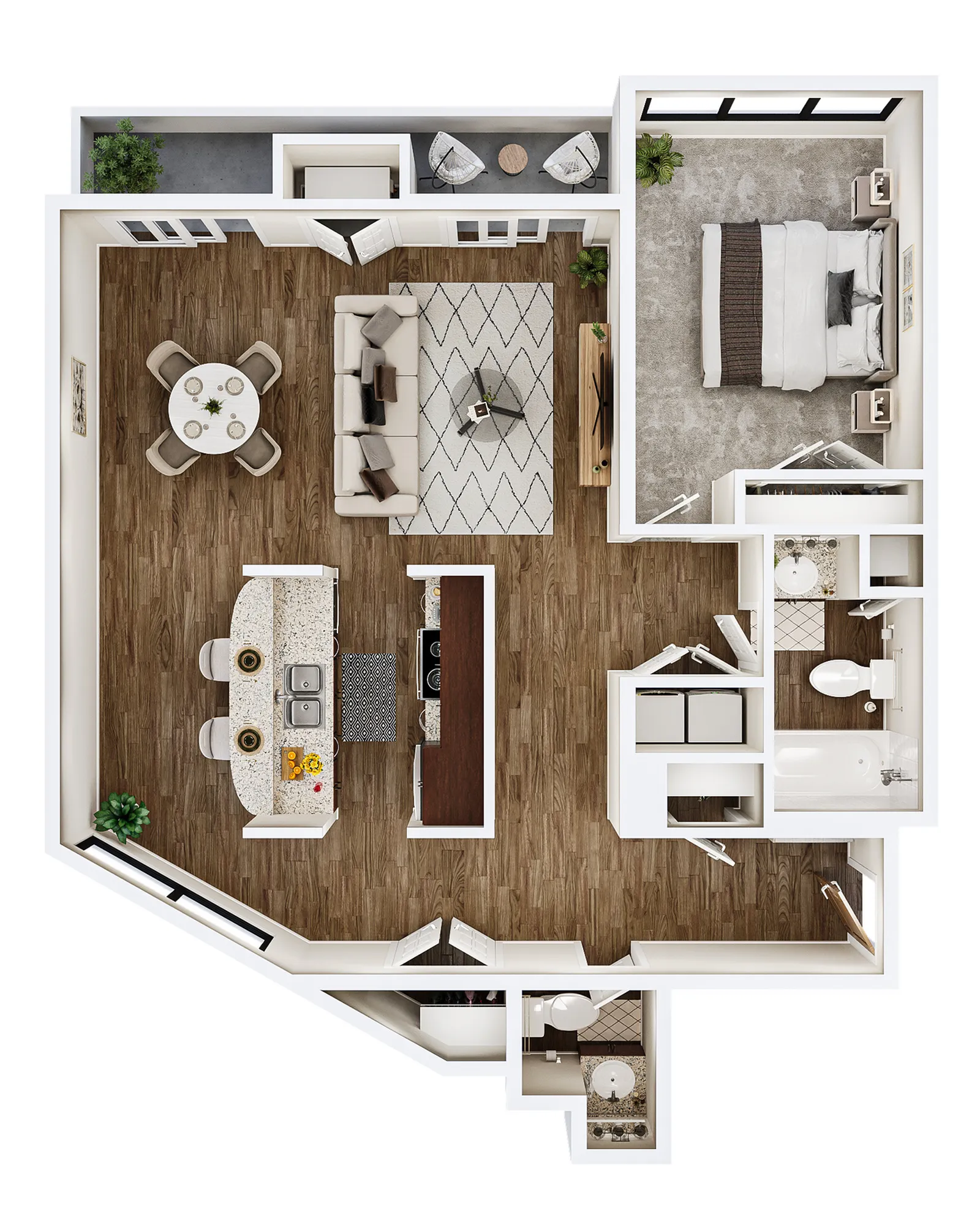 Elegant open-concept floor plan showcasing a modern kitchen with island seating, cozy living area, one spacious bedroom, and a stylish bathroom.