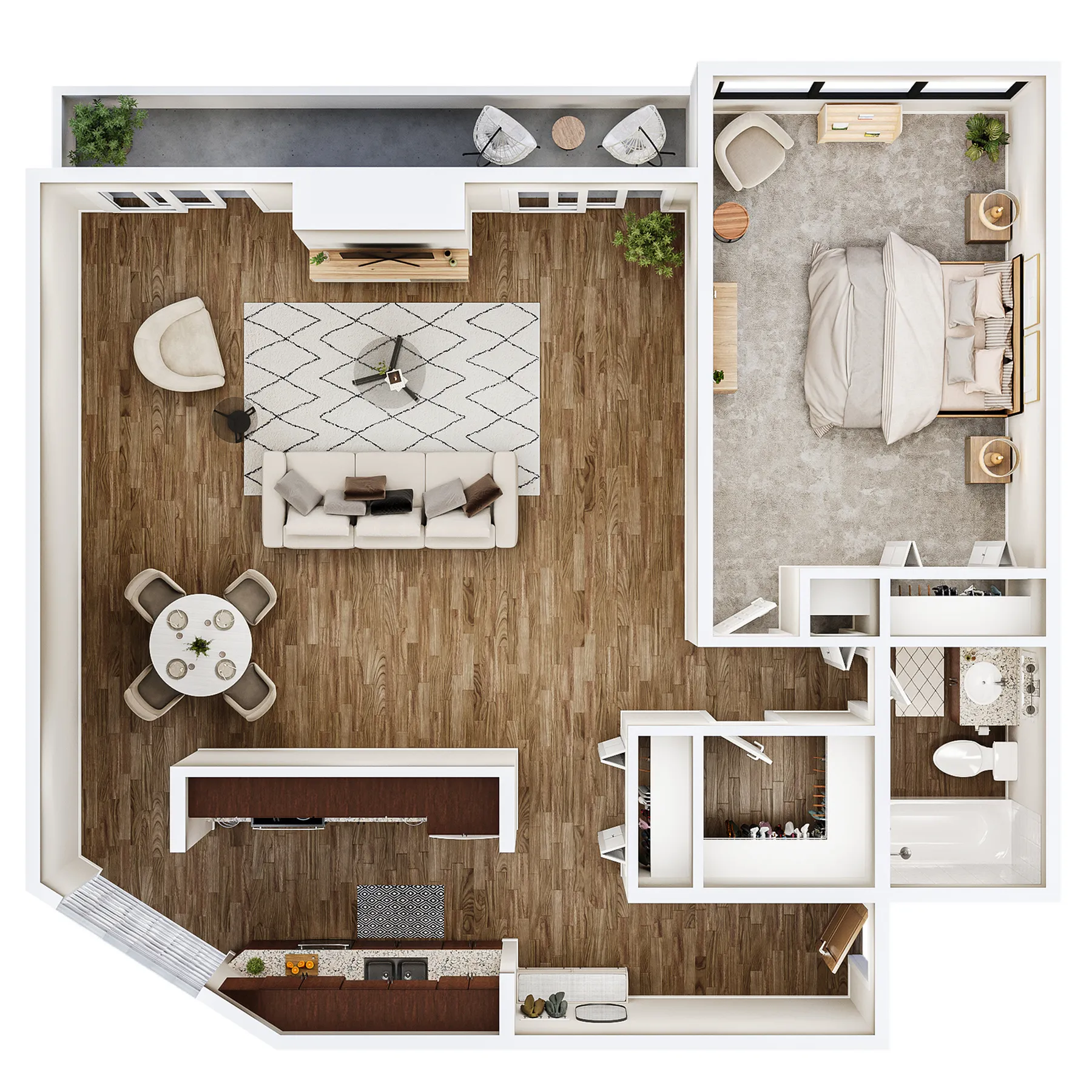 Modern 1-bedroom apartment floor plan showcasing an open-concept living and dining area, stylish kitchen, and private balcony.