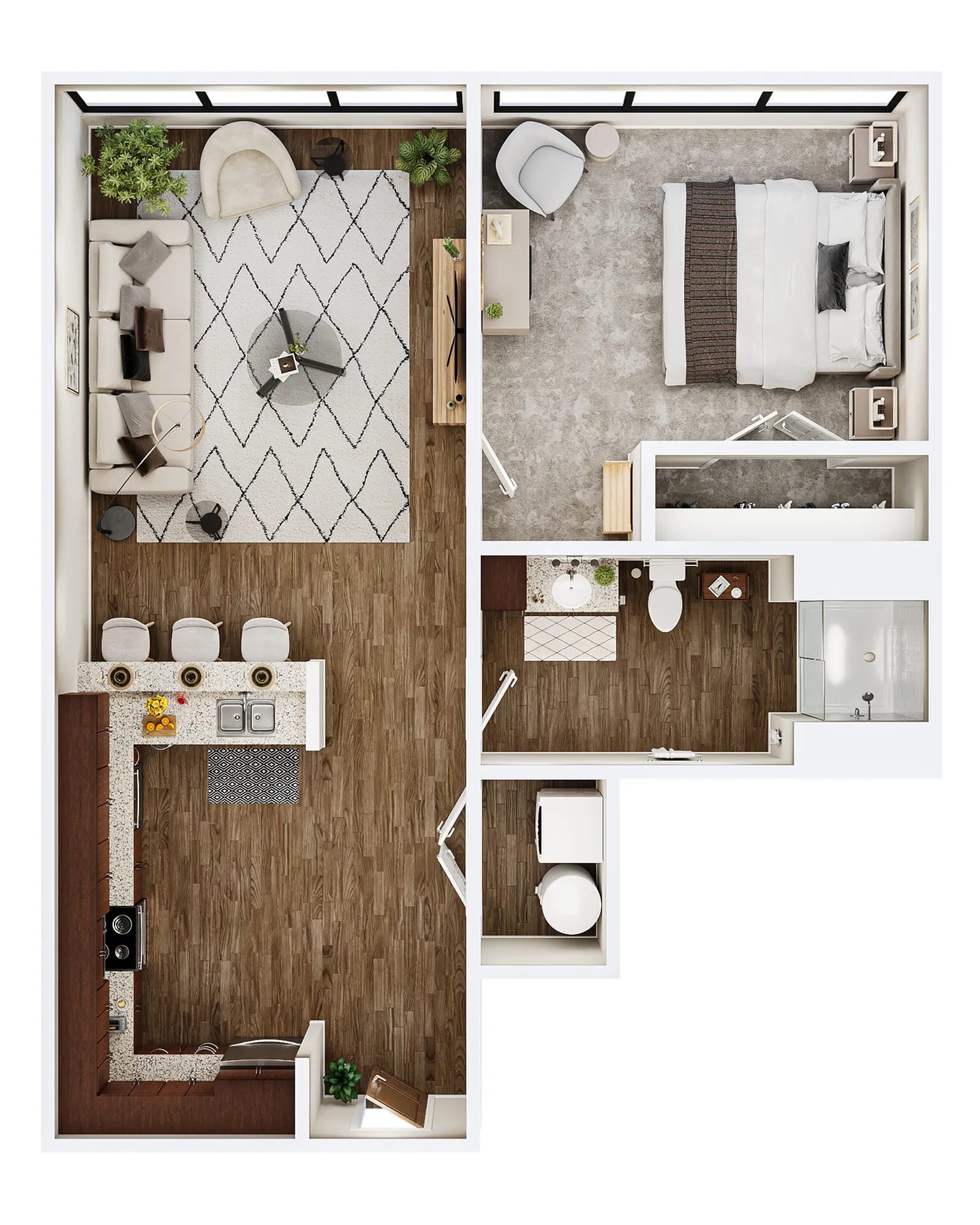 Modern floor plan with one bedroom, open-concept living room, sleek kitchen, and elegant bathroom. Bright and spacious layout with stylish finishes.