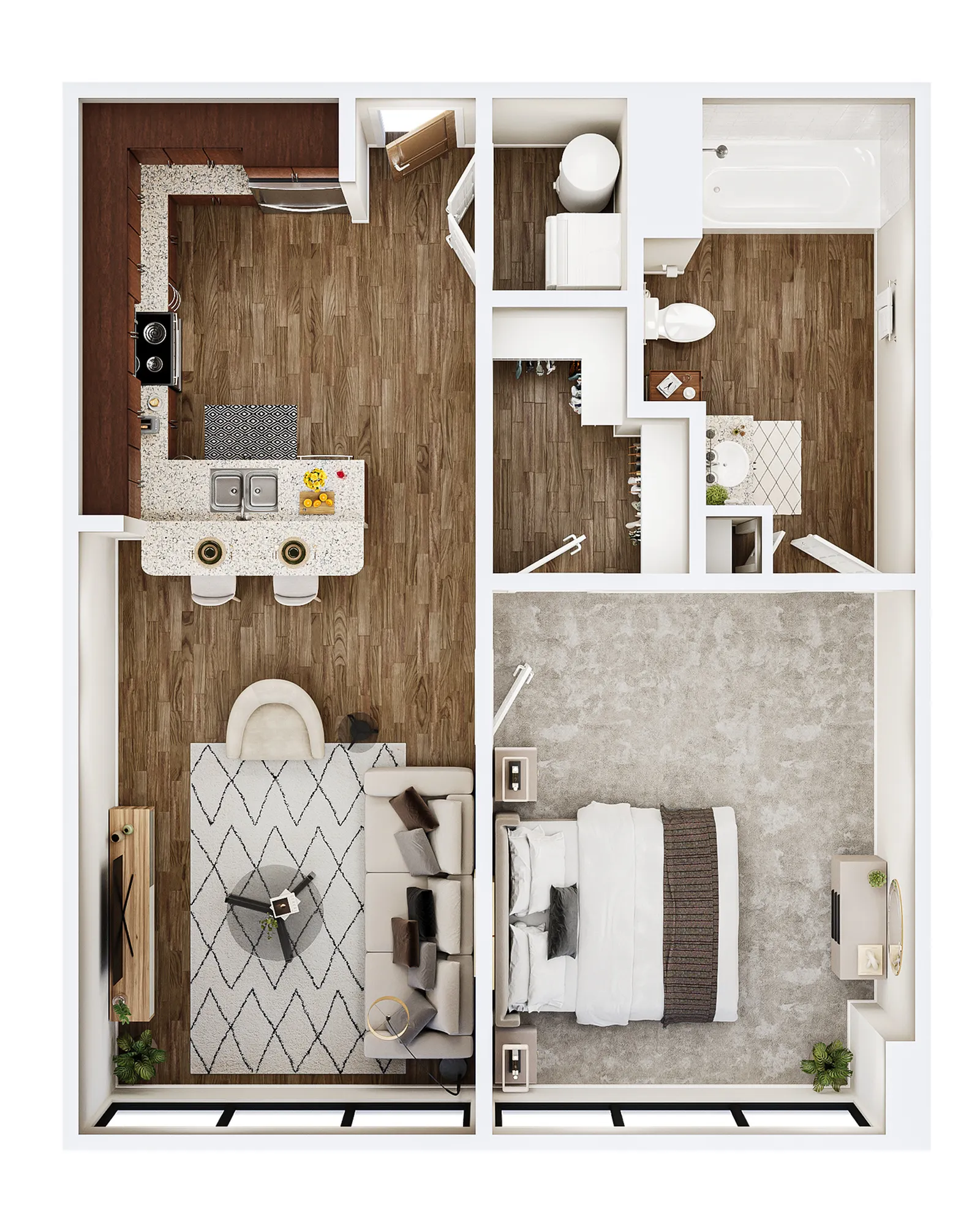 Charming 1-bedroom apartment floor plan featuring a stylish open kitchen, cozy living area, and modern bathroom.
