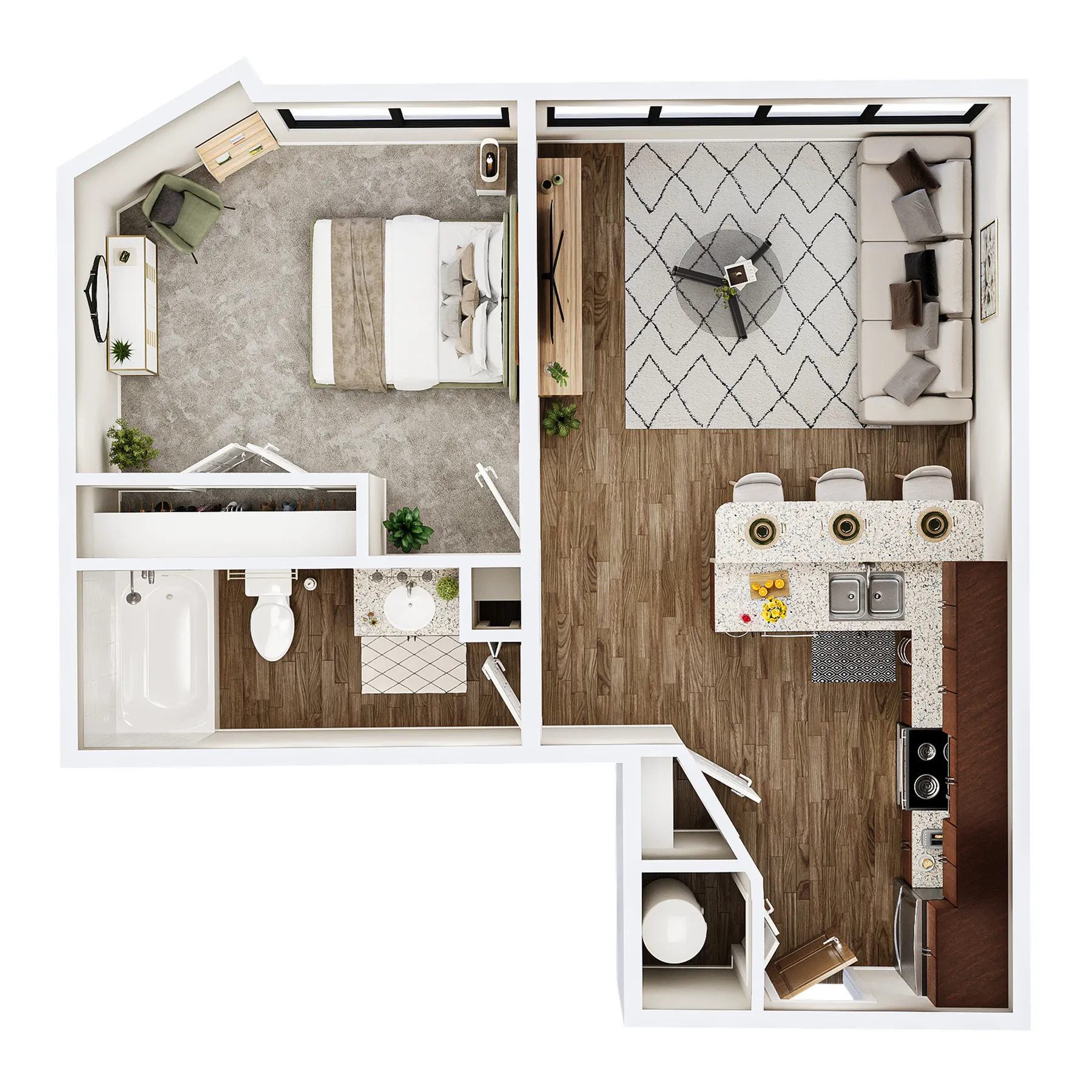 Modern 1-bedroom apartment floor plan with open living area, stylish kitchen, and cozy bedroom. Perfect for contemporary living.