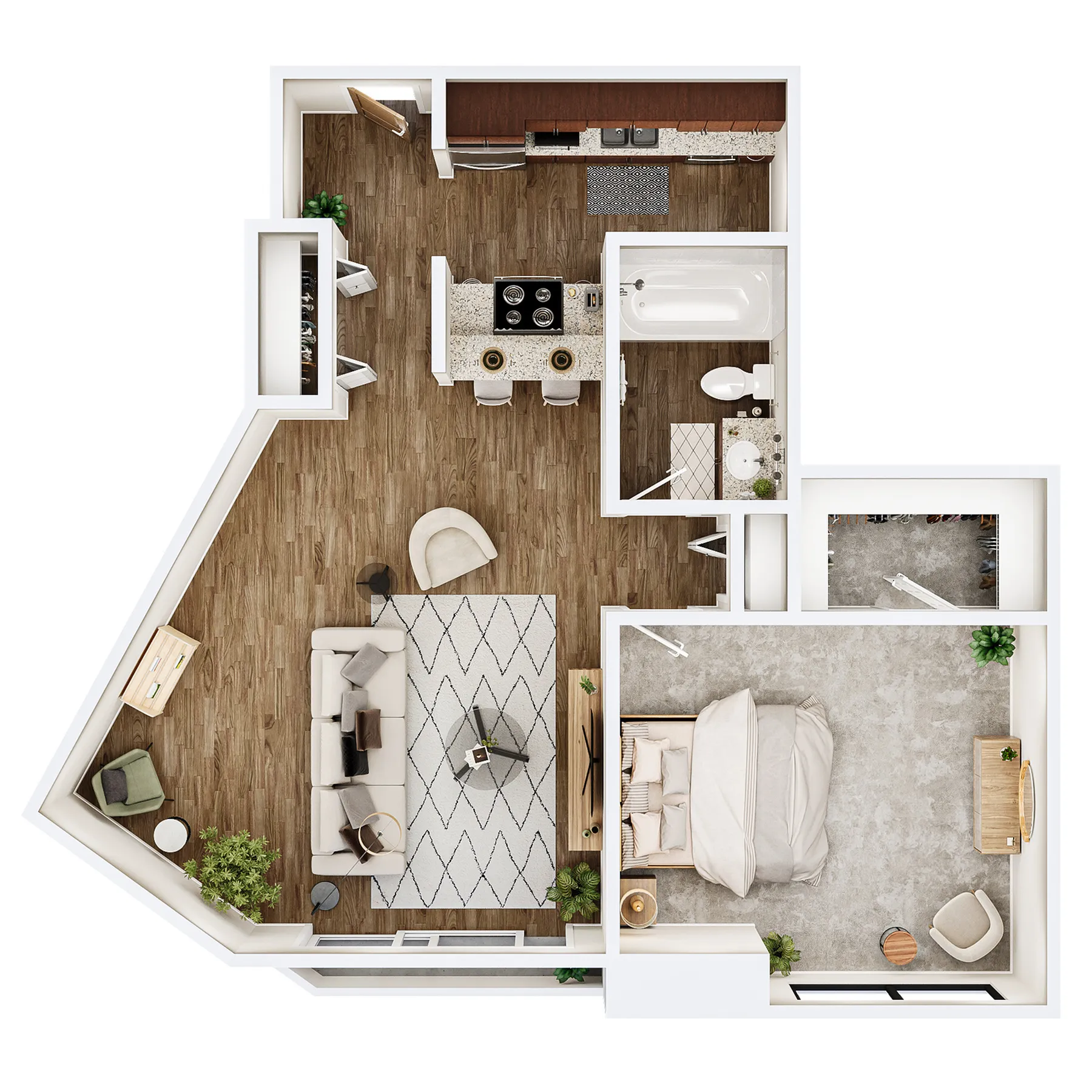 Contemporary floor plan showcasing a 1-bedroom apartment with an open-concept living area, modern kitchen, and elegant bathroom, perfect for stylish urban living.