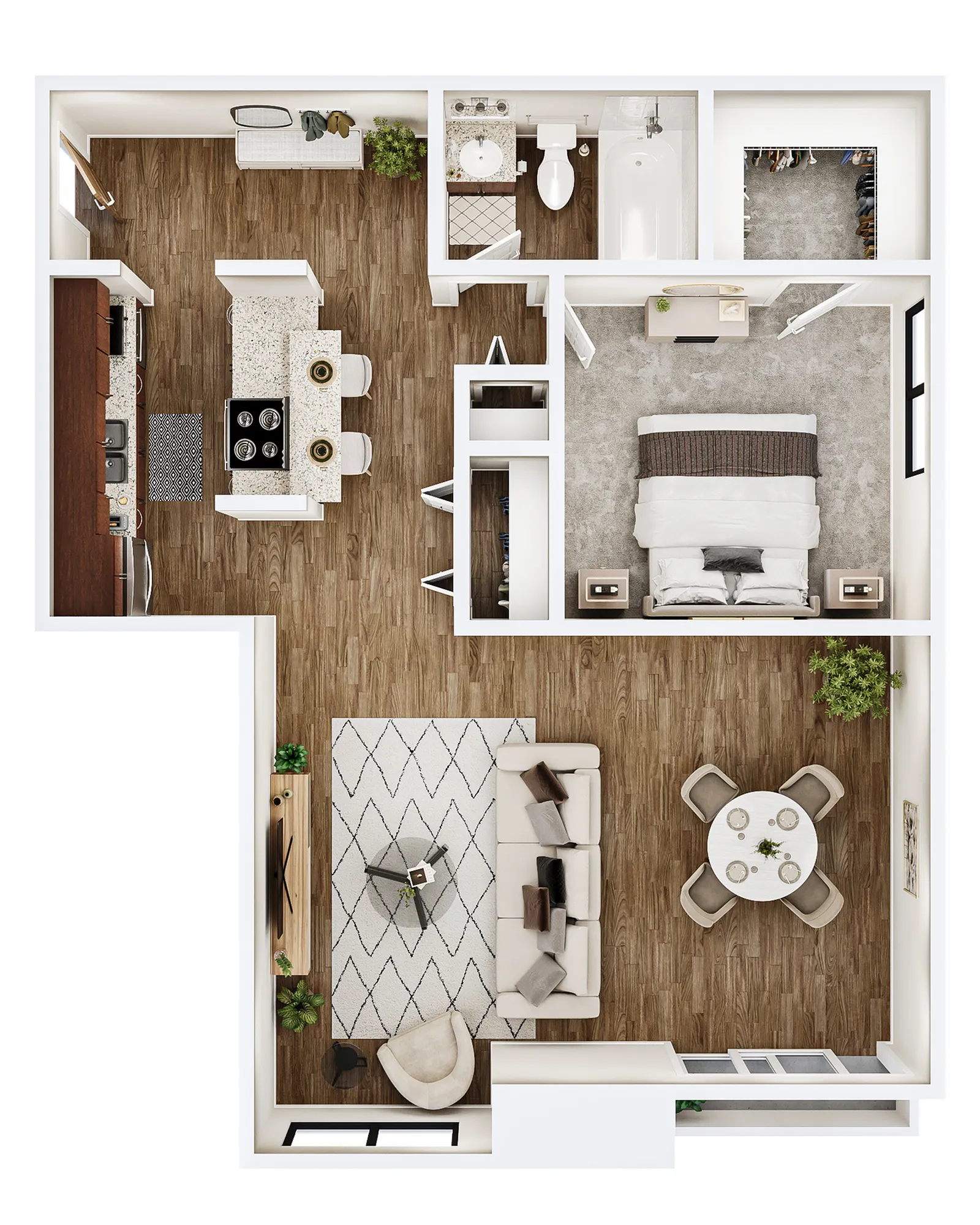 Contemporary one-bedroom floor plan featuring an open kitchen, stylish living area, cozy dining space, modern bathroom, and spacious walk-in closet.
