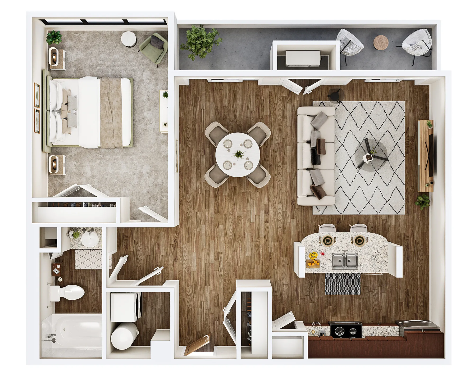 Chic floor plan showcasing a spacious 1-bedroom apartment with an elegant open-concept living and dining area, modern kitchen with island, stylish bathroom, and private balcony.