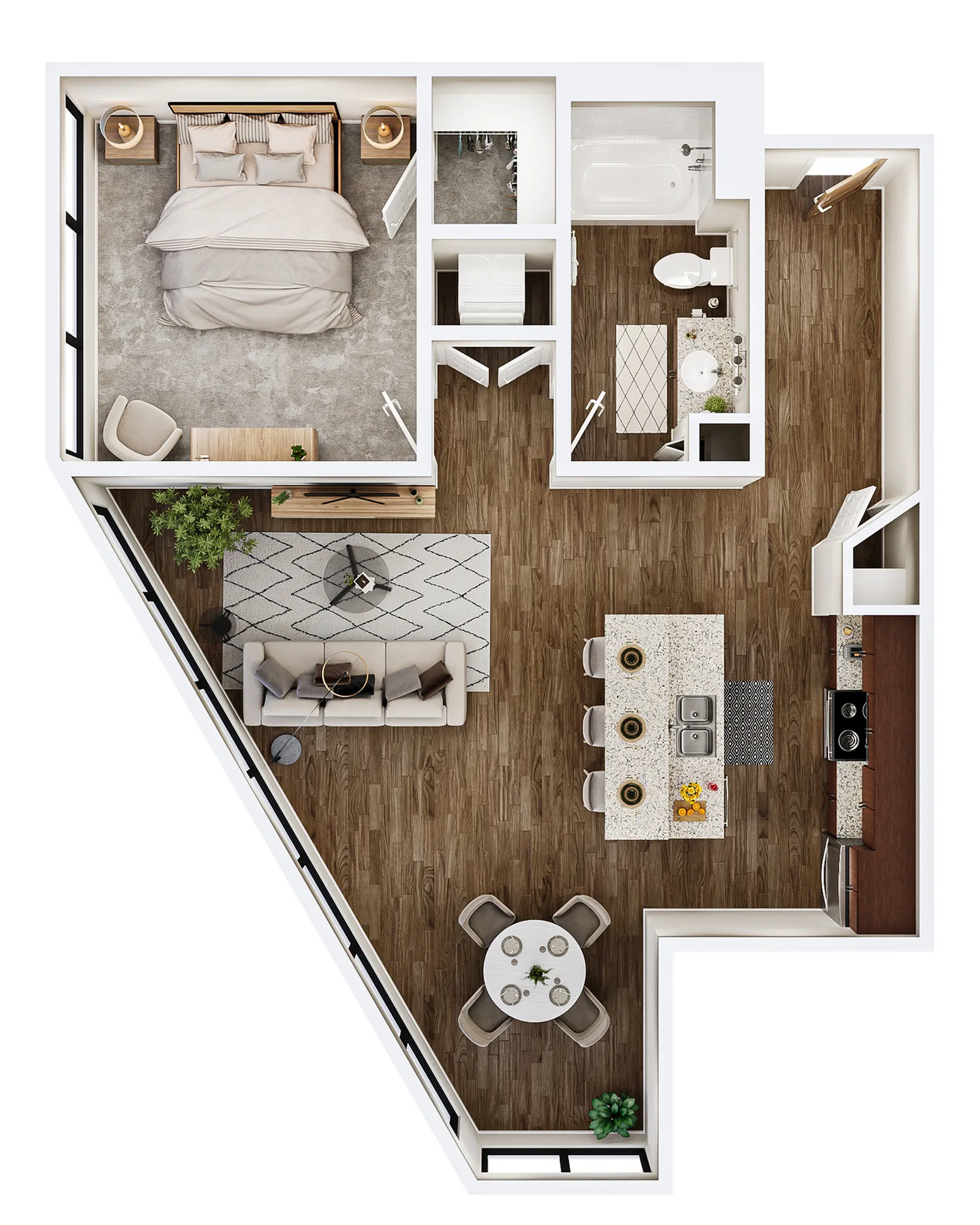 Modern apartment floor plan featuring a spacious bedroom, stylish bathroom, open-concept living area, and a sleek kitchen with island seating.