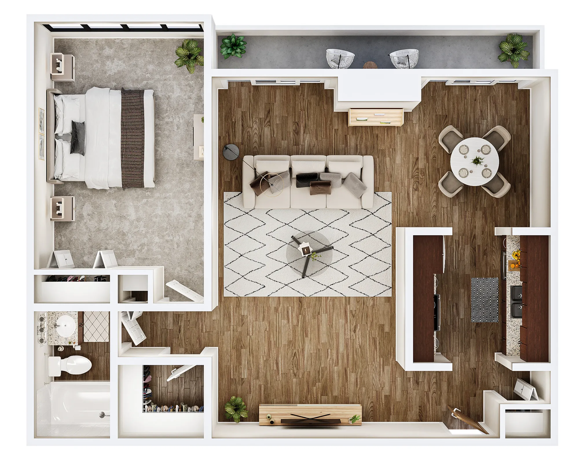 Modern floor plan featuring a spacious bedroom, elegant living area, open dining space, and well-equipped kitchen with contemporary finishes.