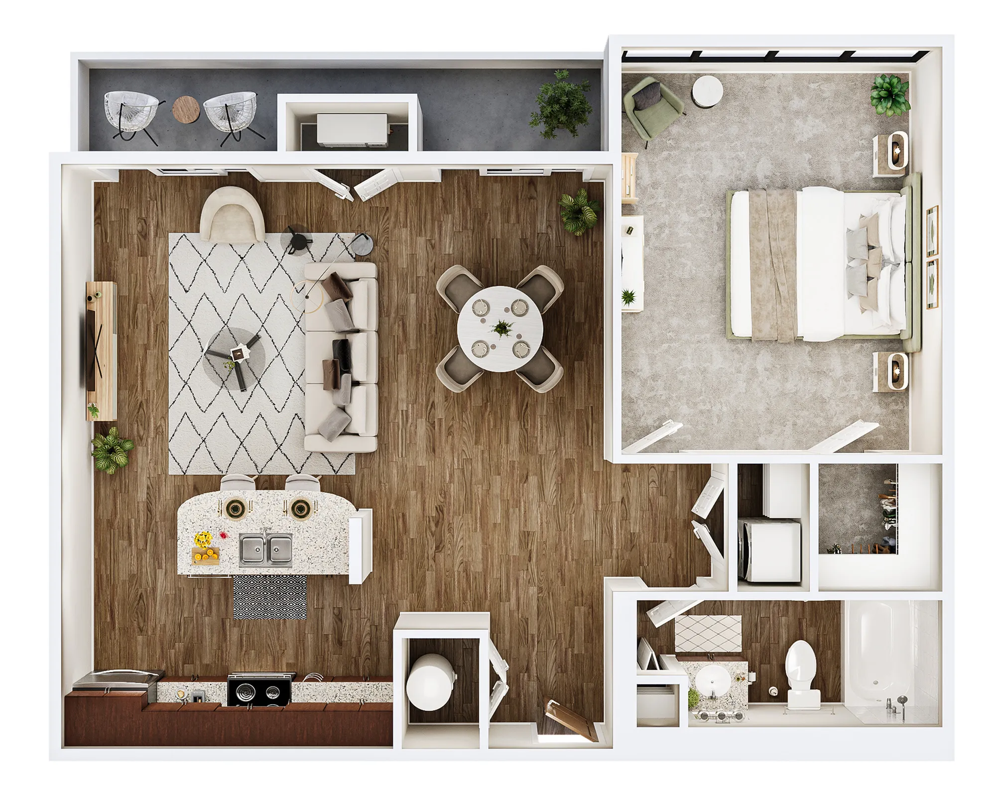 Modern floor plan showcasing 1 bedroom, open-concept living and dining area, sleek kitchen with island, and stylish bathroom.
