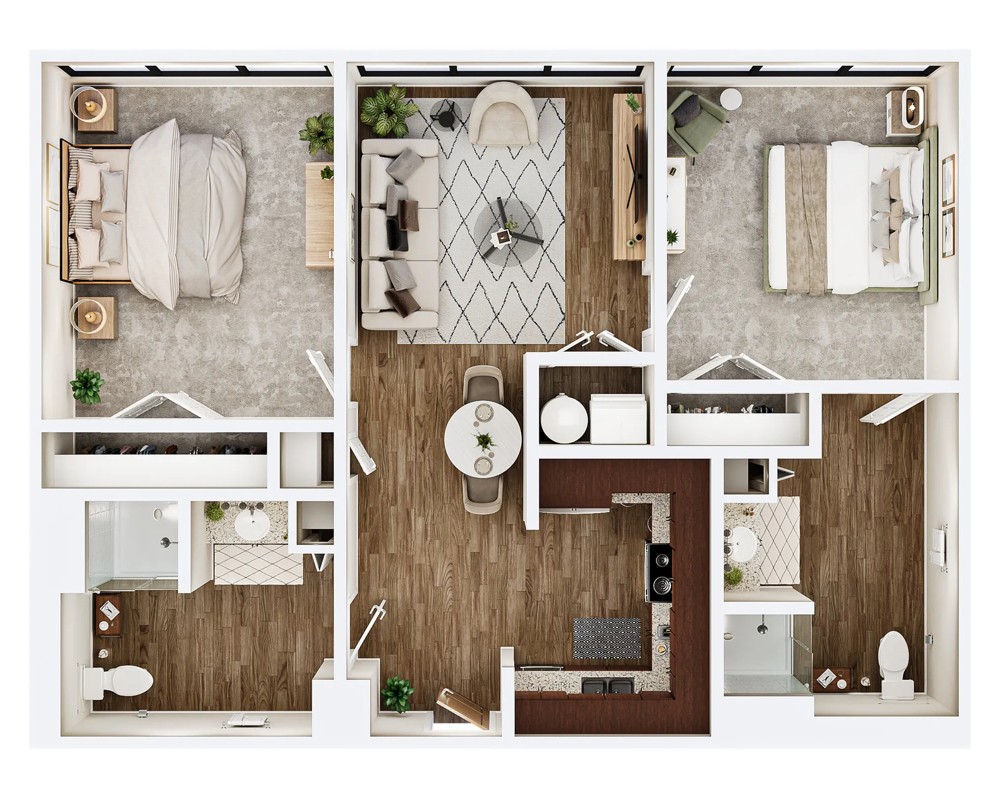 Elegant floor plan showcasing a modern 2-bedroom apartment with an open-concept living area, stylish kitchen, and two sleek bathrooms.