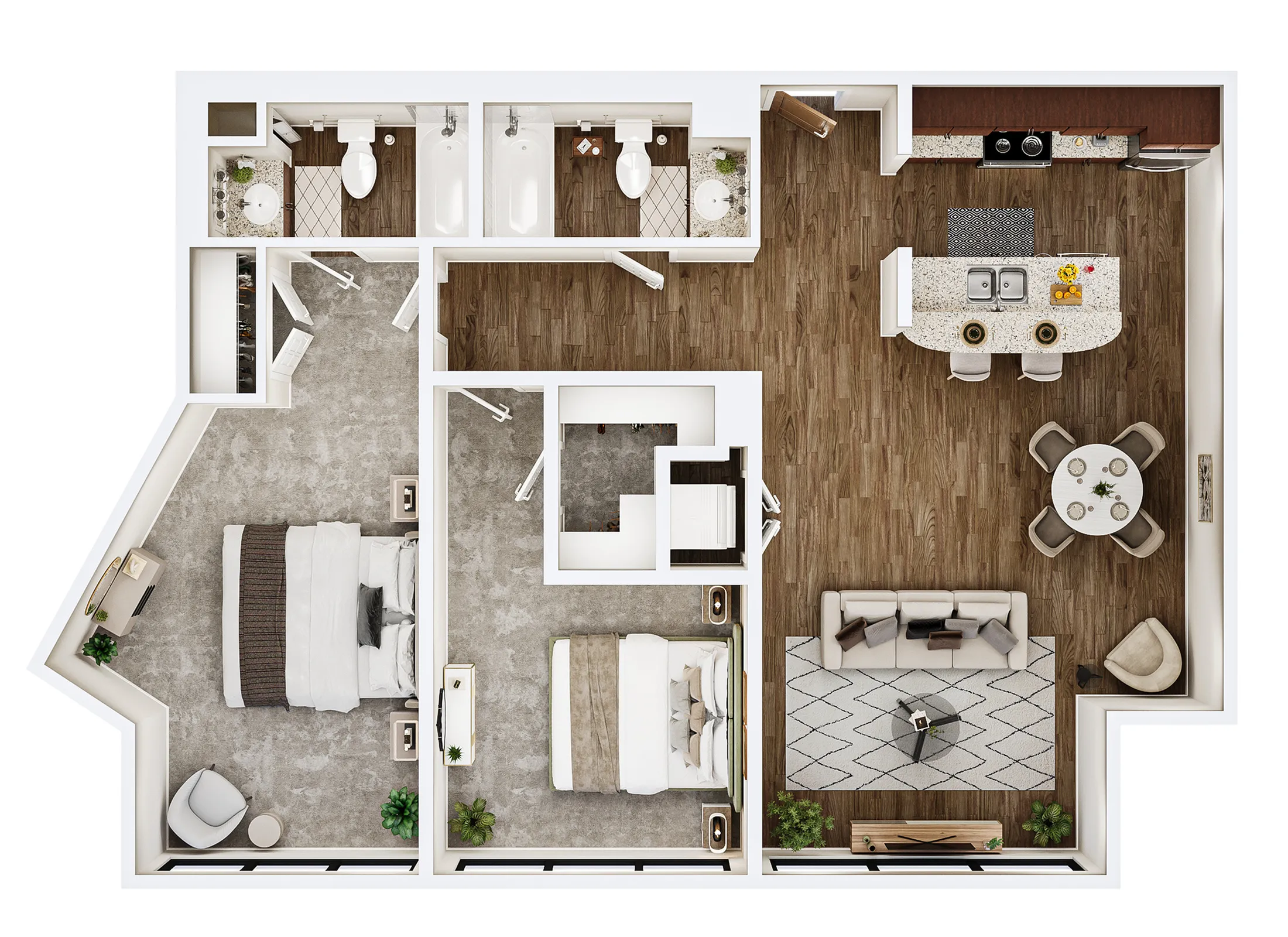 Elegant floor plan showcasing a modern two-bedroom apartment with open-concept kitchen and living area, featuring hardwood floors and spacious dining space.