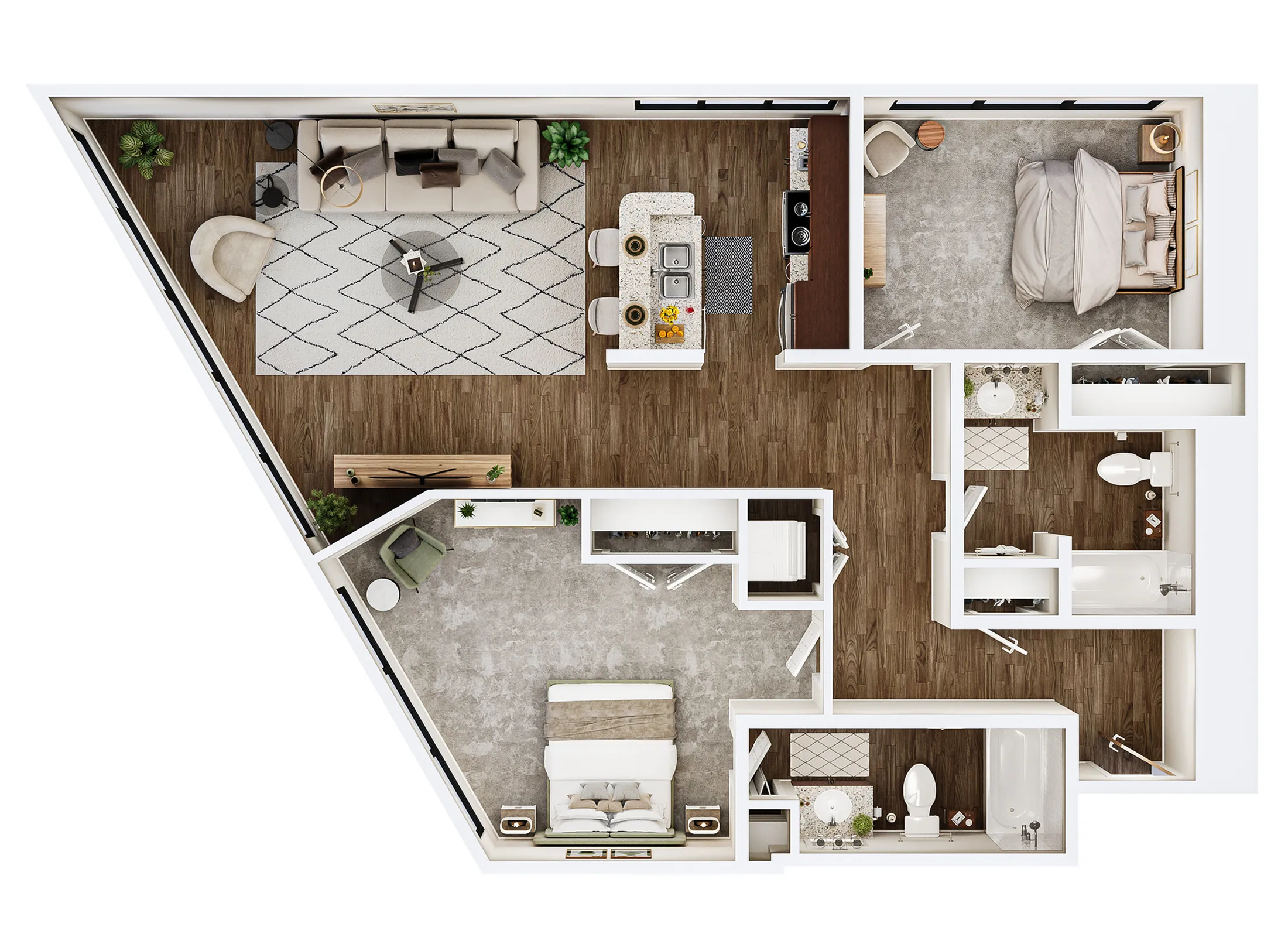 Modern 3D floor plan showcasing two cozy bedrooms, an inviting open-concept living area, and a chic kitchen, ideal for elegant urban living.