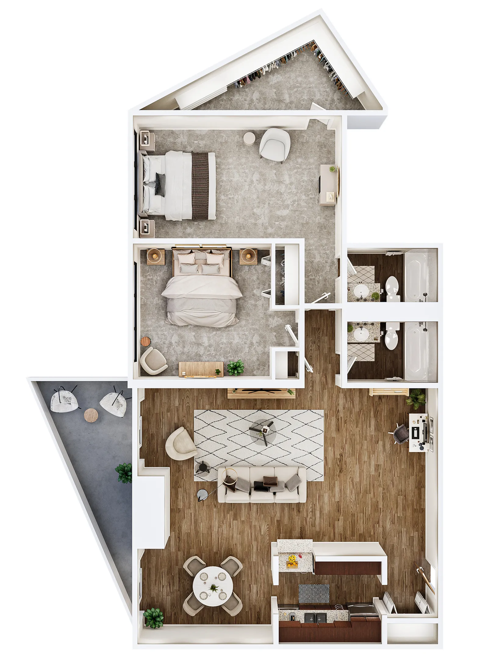 Contemporary 3D floor plan showcasing two spacious bedrooms, a modern open-concept living area, and a stylish kitchen with adjoining dining space, complete with a cozy balcony.