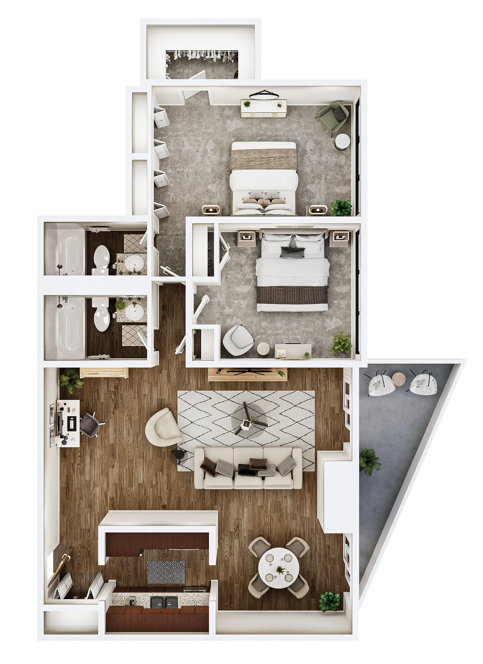 Contemporary floor plan featuring 2 cozy bedrooms, 2 bathrooms, an elegant open-concept living area with hardwood flooring, a modern kitchen, and a stylish dining space, alongside an inviting balcony for outdoor enjoyment.