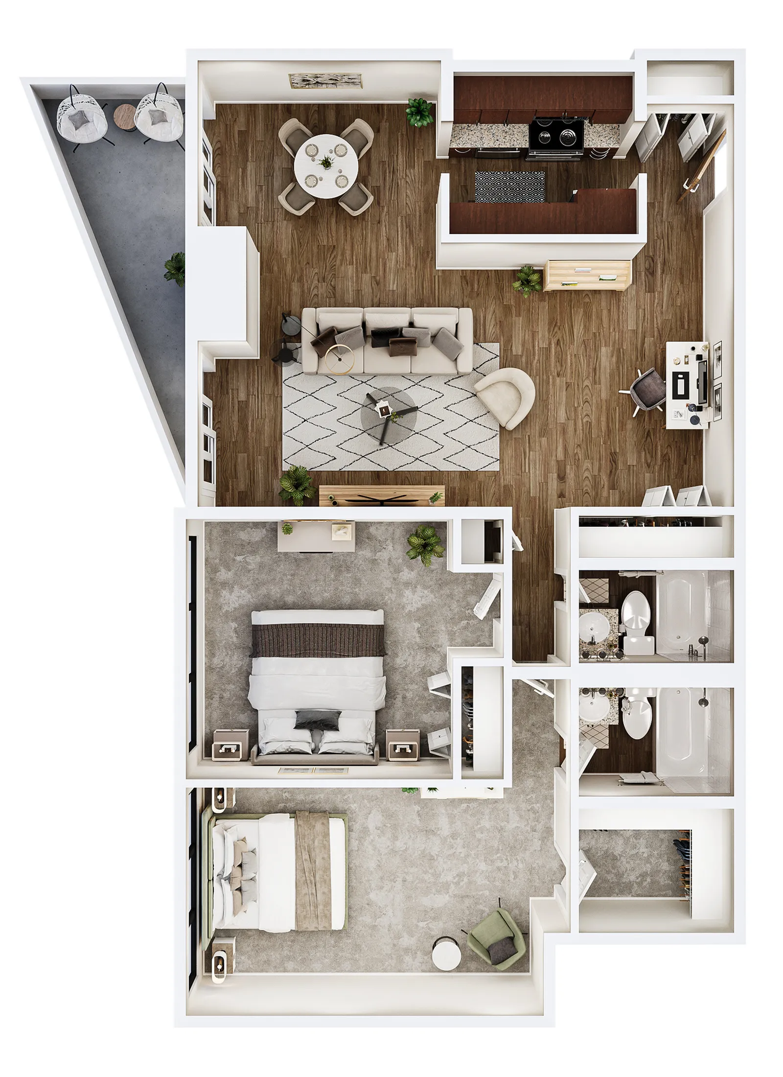Modern 3D floor plan showcasing 2 bedrooms, open living and dining area, and a sleek kitchen with a stylish home office. Spacious bathroom layout and private balcony included.