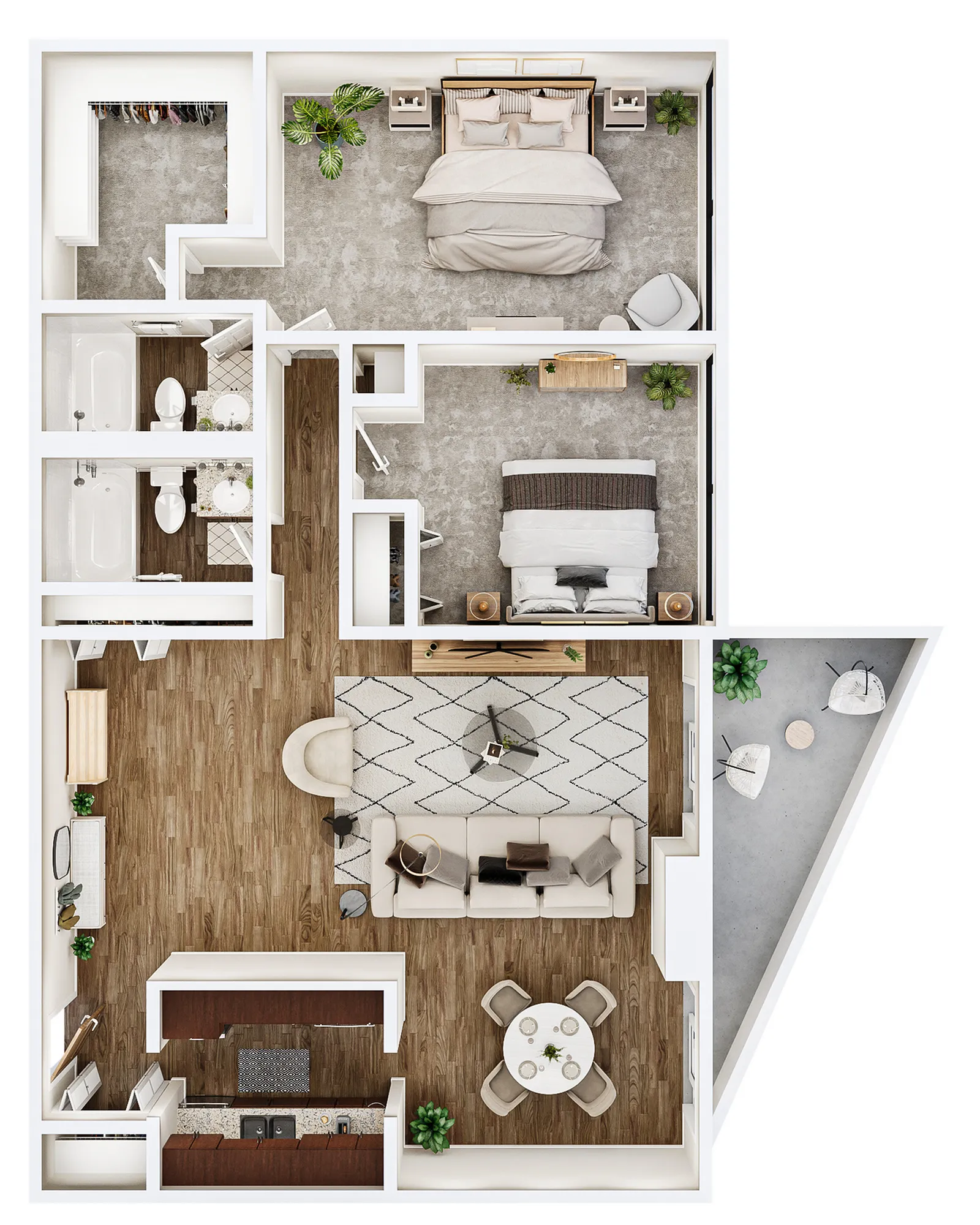 Modern apartment floor plan showcasing 2 bedrooms, a cozy living area, and a functional kitchen with a dining space, accented by a stylish balcony.
