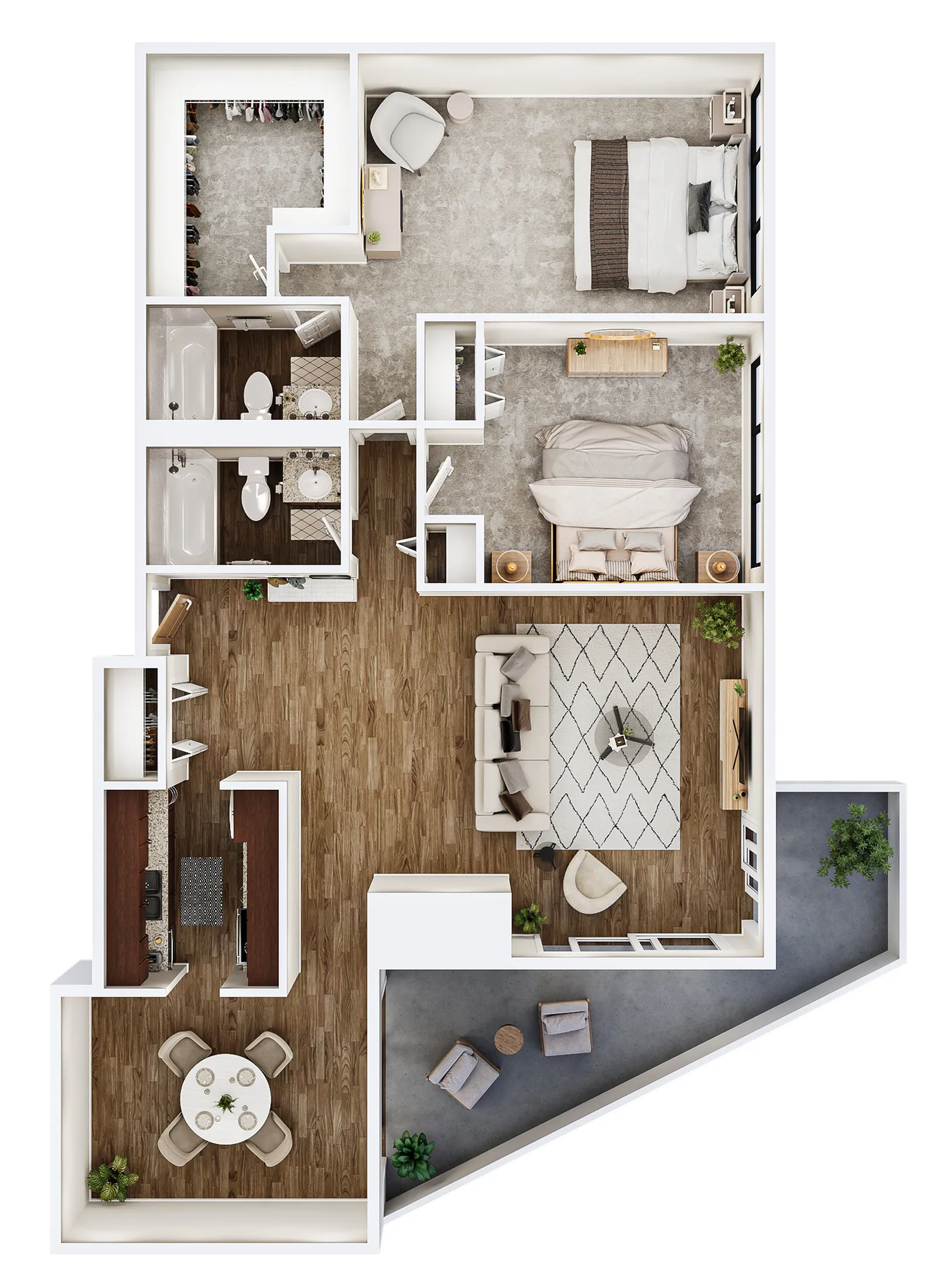 Modern floor plan depicting a cozy apartment with 2 bedrooms, open-concept living and dining area, compact kitchen, and balcony space for relaxation.