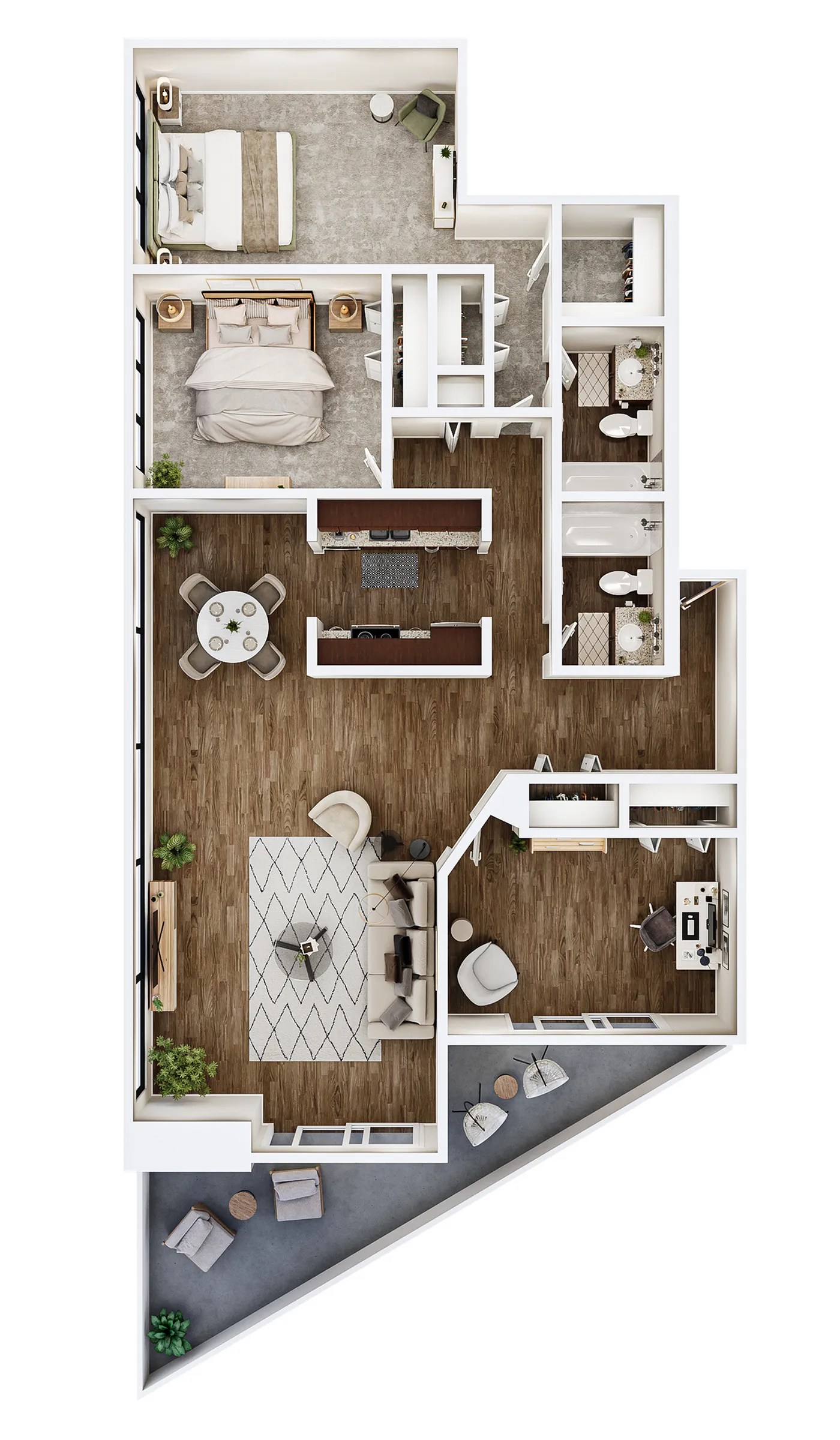 Elegant floor plan showcasing two spacious bedrooms, modern open-concept living area, and a luxurious balcony with seating.