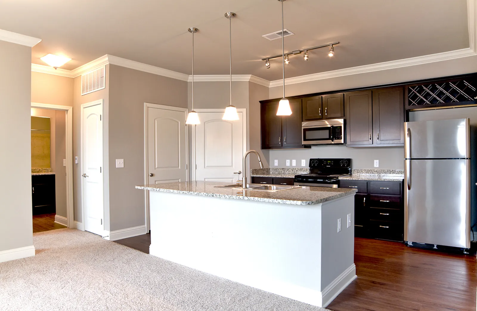 Modern kitchen with sleek stainless steel appliances, granite countertops, and elegant pendant lighting in a spacious open floor plan.